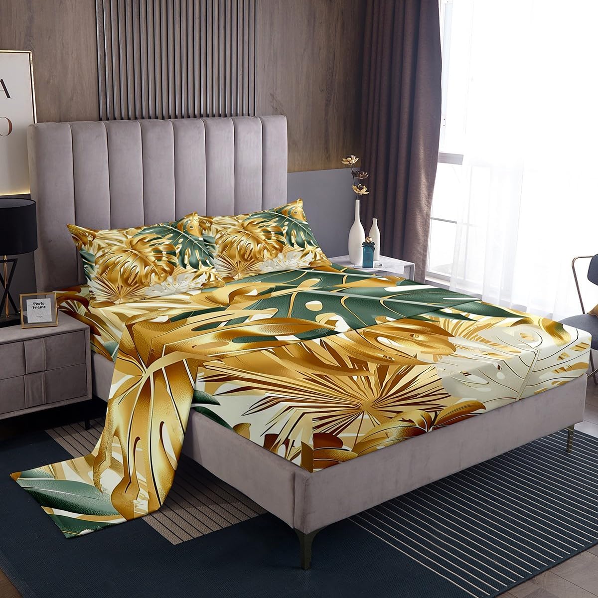 Castle Fairy Tropical Leaves Sheet Set Queen Size,Natural Plants Tie Dye Print Bedding Sets for Kids Boys Teens Room Decor,Summer Jungle Leaf Fitted + Flat Sheet,2 Pillowcases