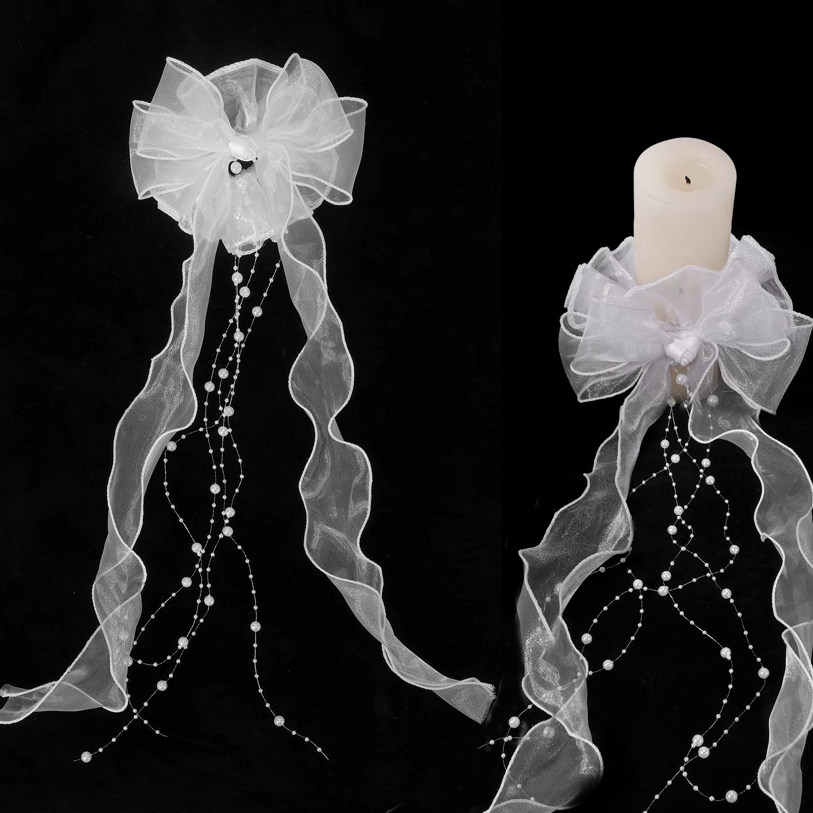 HOWAF Tropfschutz Kommunionkerze Weiß mit Schleife und Lockenbändern, Organza Schleife Blumen Kerzenrock Tropfschutz Kerze Kommunion Tropfenfänger Taufkerze für Hochzeit Taufe Kommunion Deko