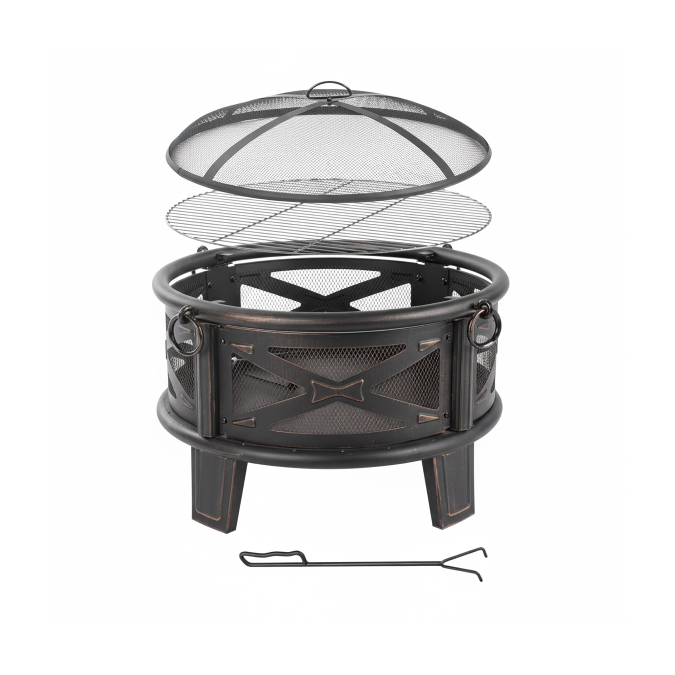 Relaxdays Feuerschale, Ø 66 cm, mit Grillrost, Funkenschutz & Schürhaken, Feuerstelle Garten, Feuerkorb, schwarz/Bronze
