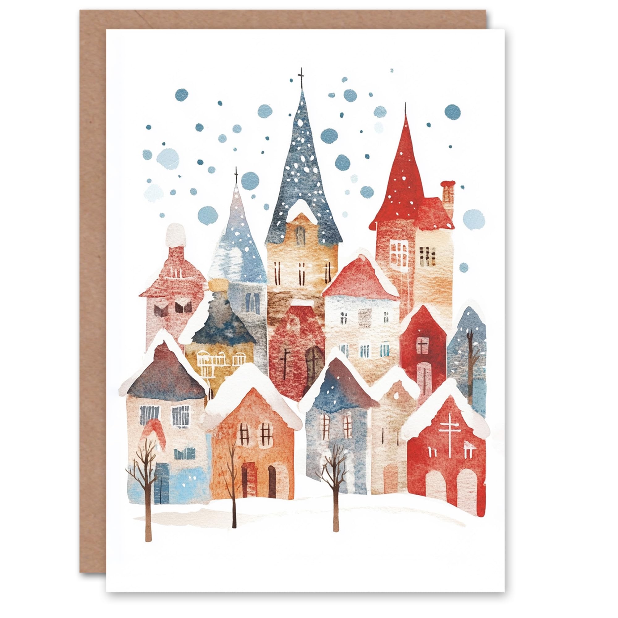 Artery8 Rustic Village Winter Snow Folk Art Blank For Him Or Her Art Xmas Festive Christmas Card