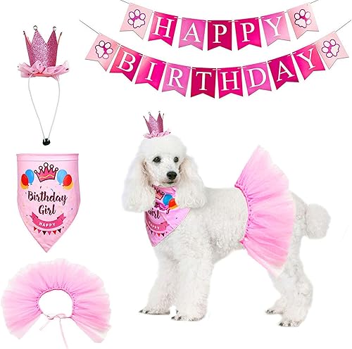 Miniatura 6 de ADOGGYGO Sombrero de cumpleaños para perro, bandana para niña, suministros para fiesta de cachorros, tutú rosa, bufanda, lazo feliz (rosa-2)