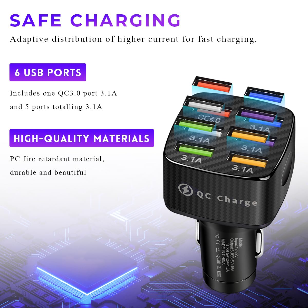 Wevdn Adattatore per caricabatterie da auto, 6 porte USB multi porta per ricarica rapida accendisigari, caricabatterie rapido per auto, include QC 3.0 e 5 altre porte per la maggior parte dei telefoni