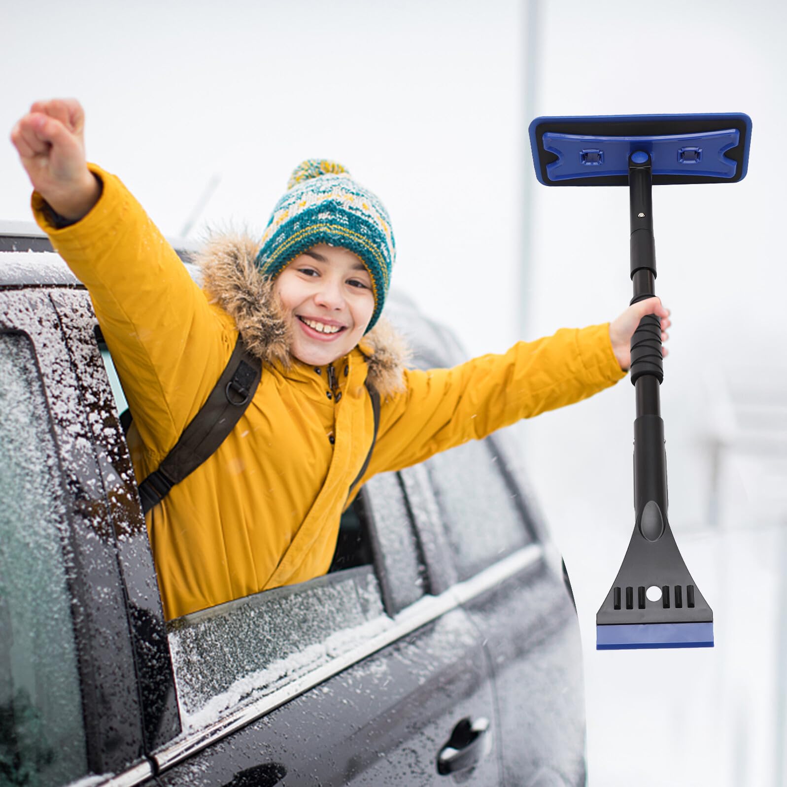 Raschiaghiaccio dal Parabrezza per Rimuovere Neve e Ghiaccio Spazzola Estendibile in Lega di Alluminio ed Eva, 7 Angoli Regolabili e Rotazione 360° in Inverno per Auto