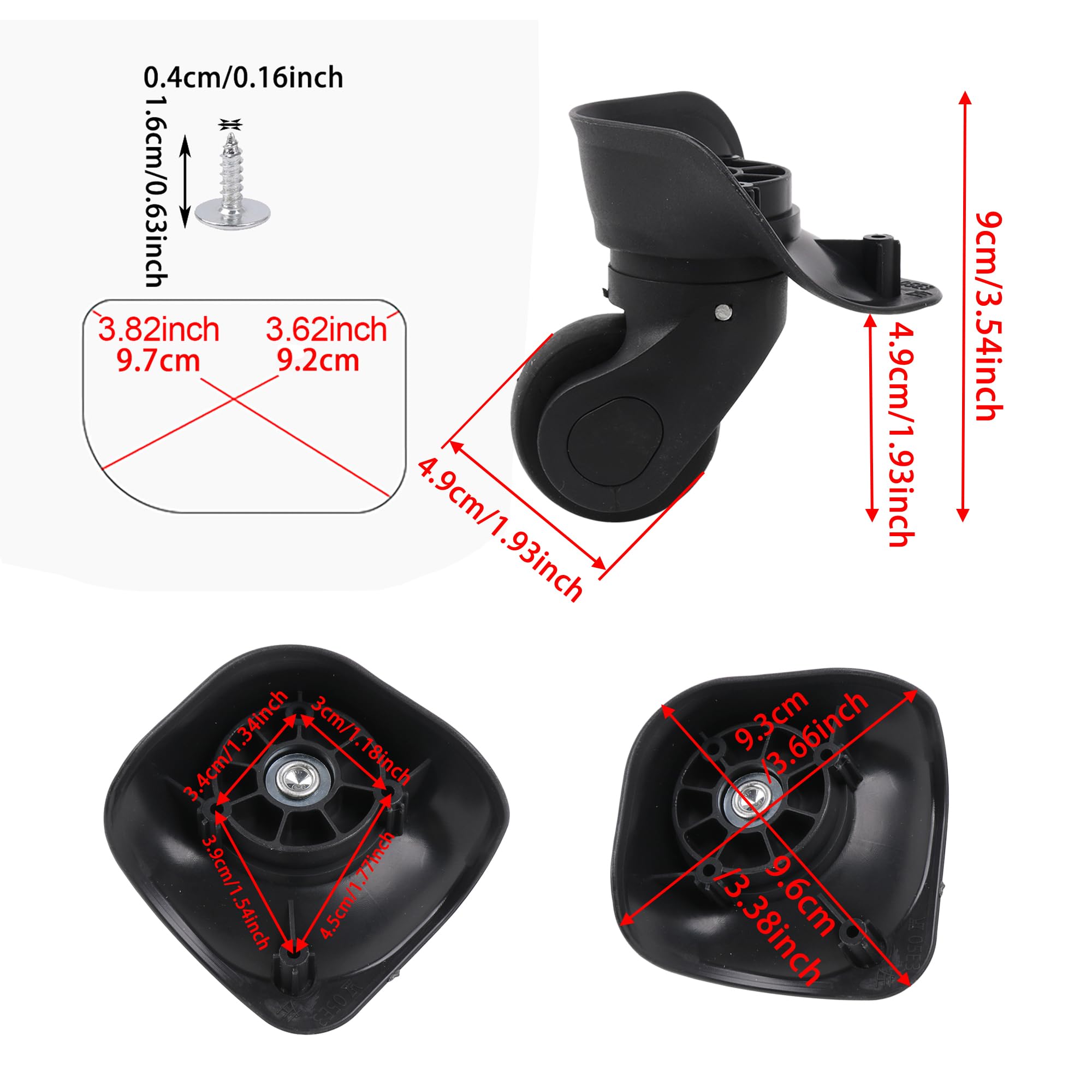 RDEXP Ruedas giratorias de plástico para equipaje, 3.6 pulgadas, izquierda y derecha con tornillo, color negro, paquete de 6