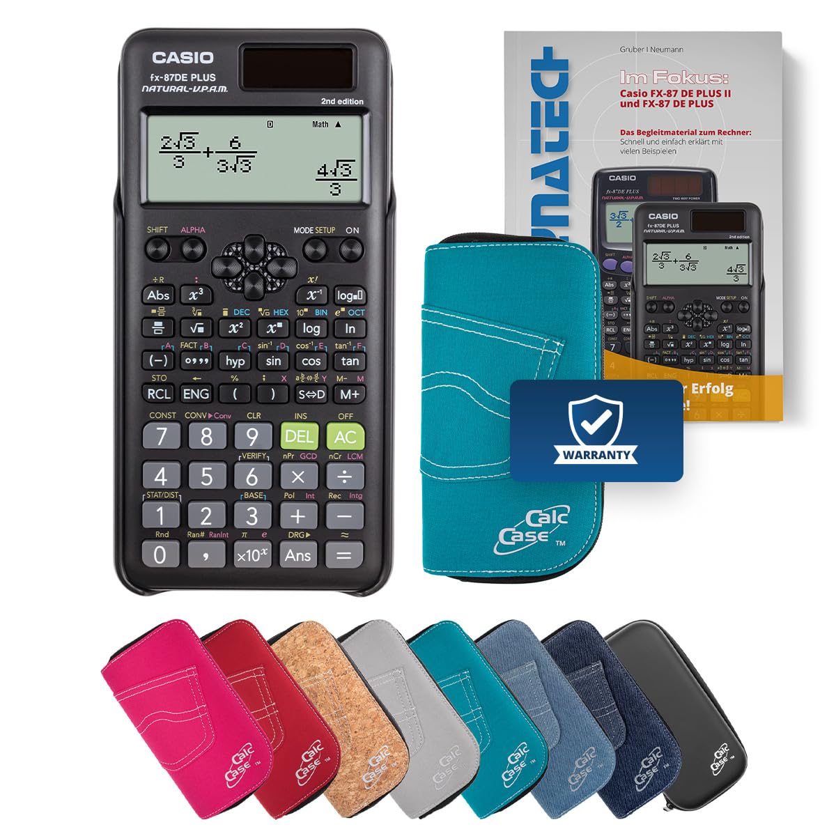 Casio FX-87 DE Plus II Schulrechner mit CalcCase Schutztasche & Fachbuch - Wissenschaftlicher Taschenrechner - Classic Set (Türkis)