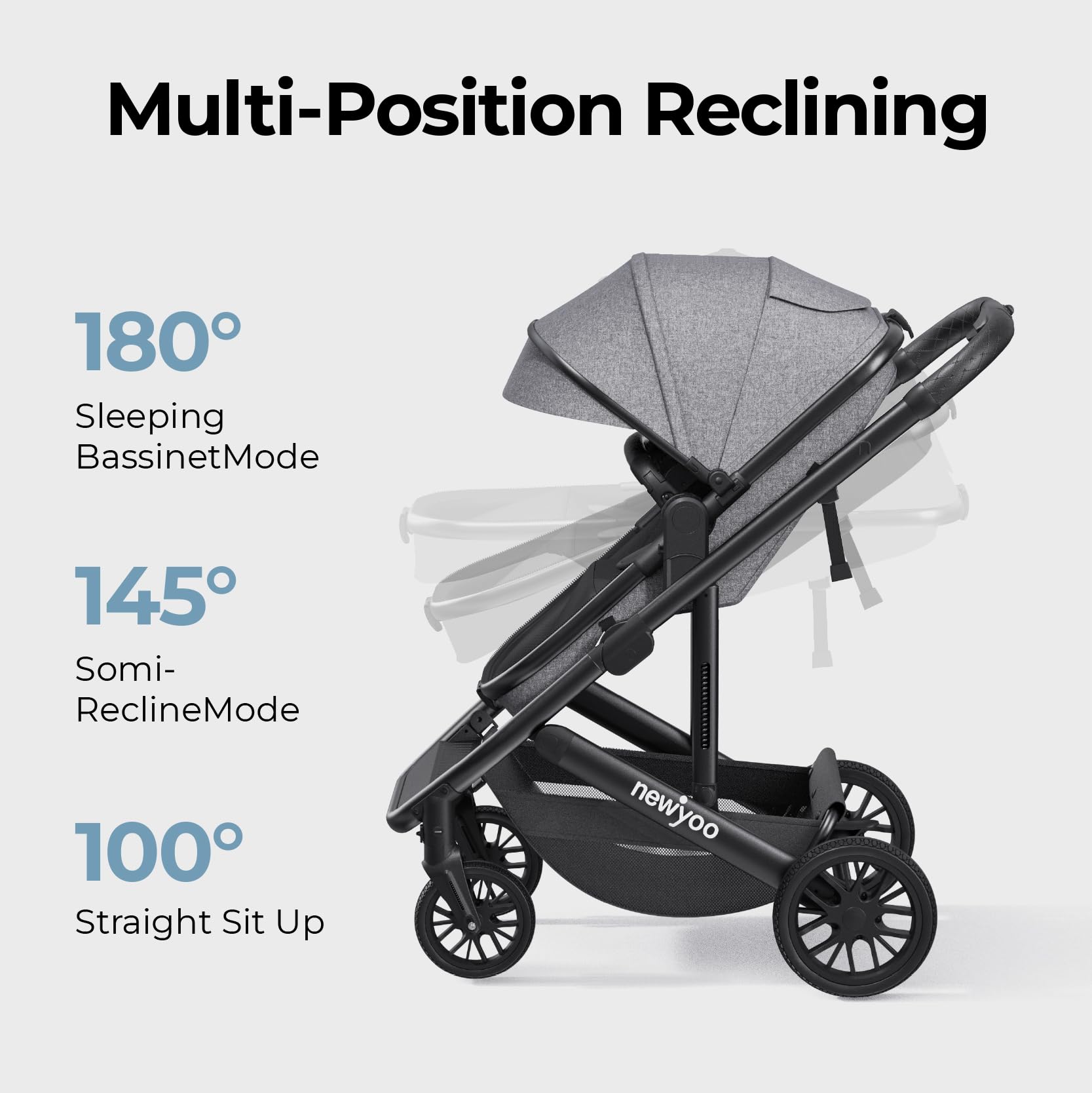 newyoo Bassinet Stroller for Baby, Nestro 516M, Convertible Infant Strollers w Reversible Seat & Cup Holder, 2-in-1 Rear-Facing Pram from Newborn to Toddler, One-Hand Easy Fold, Grey