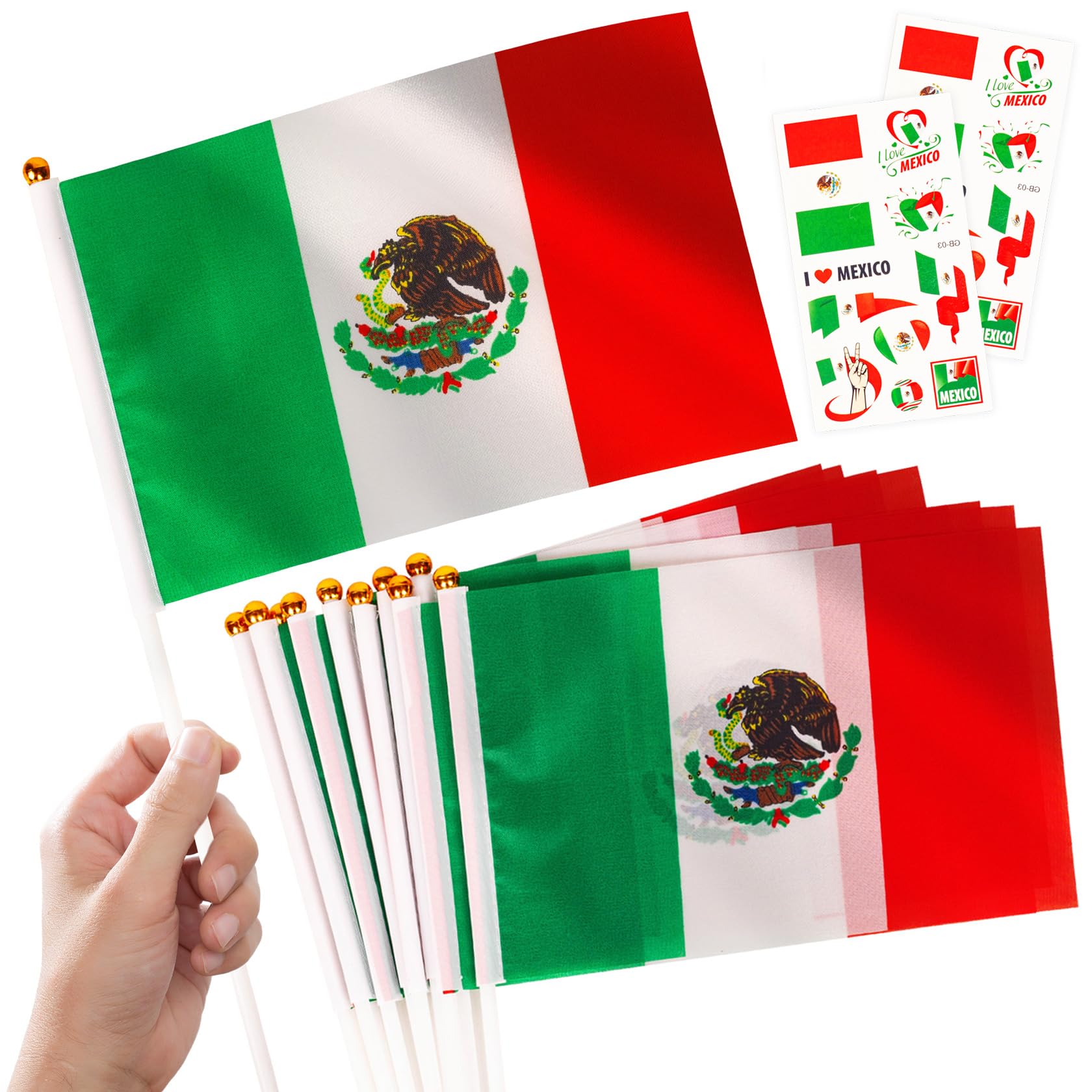 10pcs Small Mexican Flags on Sticks & 2pcs Tattoos, Mini Mexican Flag Hand Held Mexico Flag Party Decorations for World Cup Football 2026 Independence Day Parade Sports Events — image 1
