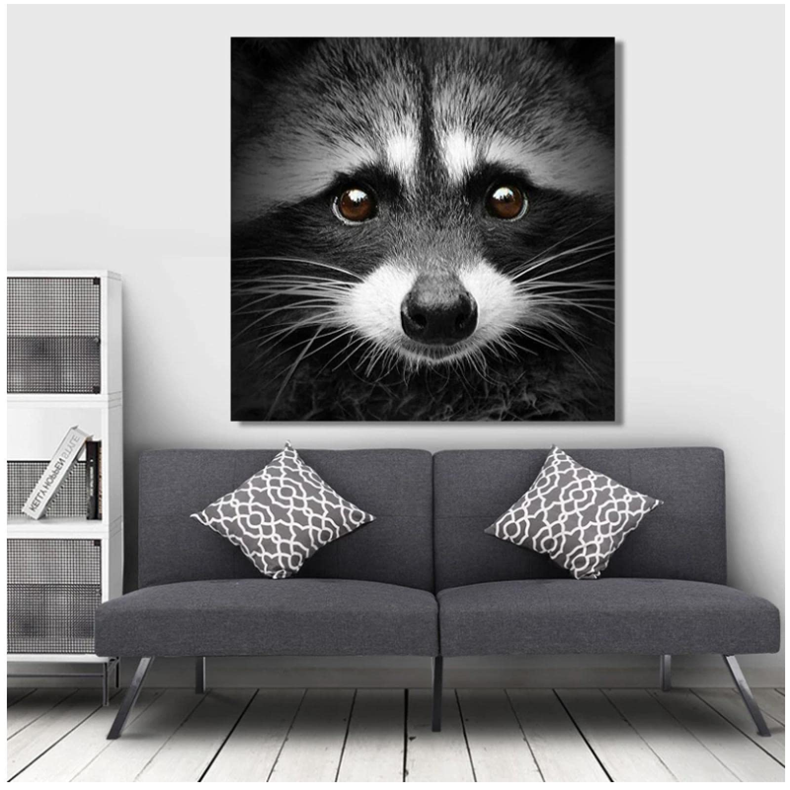 Amazon.co.jp: 現代の黒と白のアライグマのキャンバスの絵画動物の