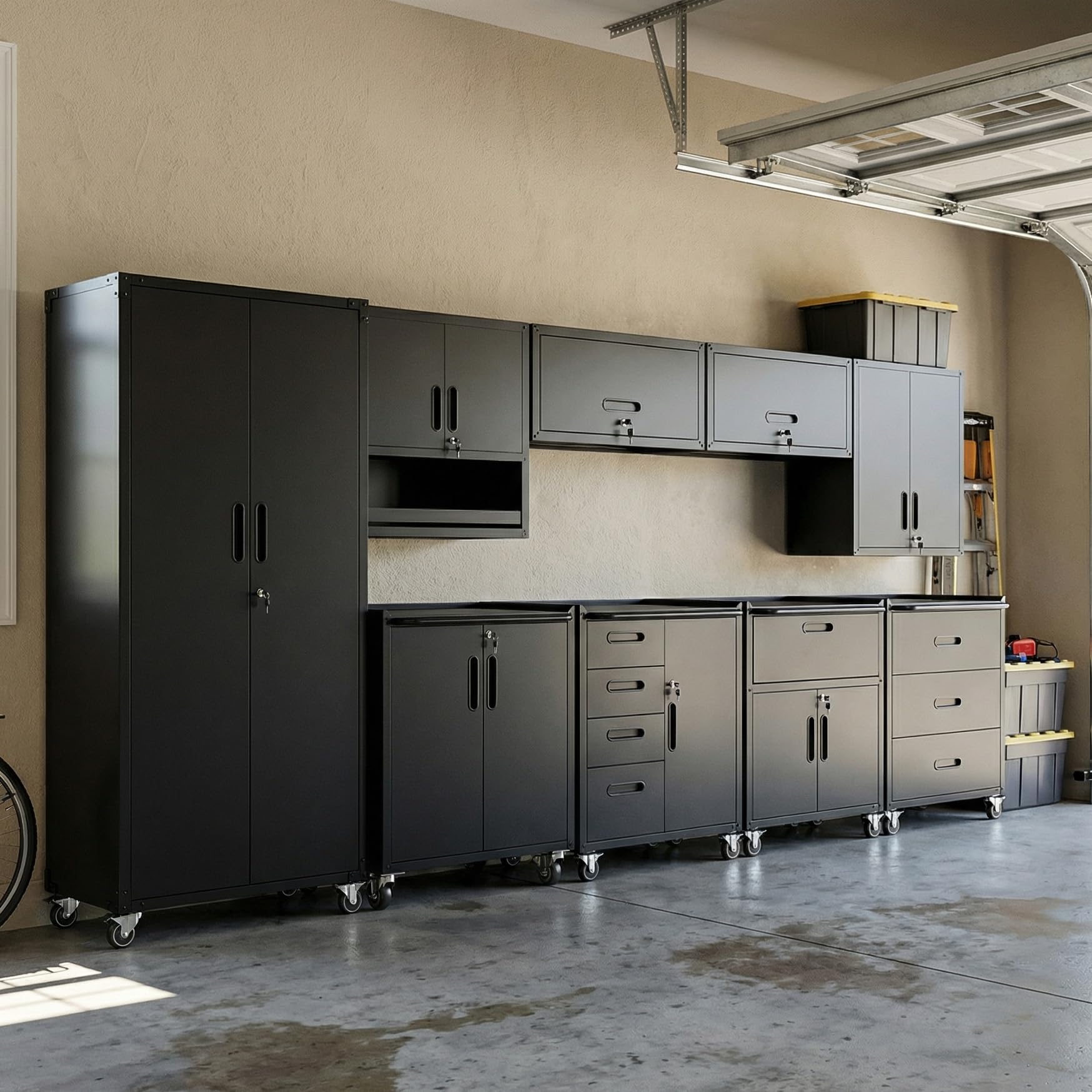 9-Piece Heavy Duty Steel Garage Cabinet System | All-in-One Modular Garage Cabinet Set for Ultimate Workshop Organization | Easy Assembly Garage Storage Cabinets &amp; Tool Bench (Black)