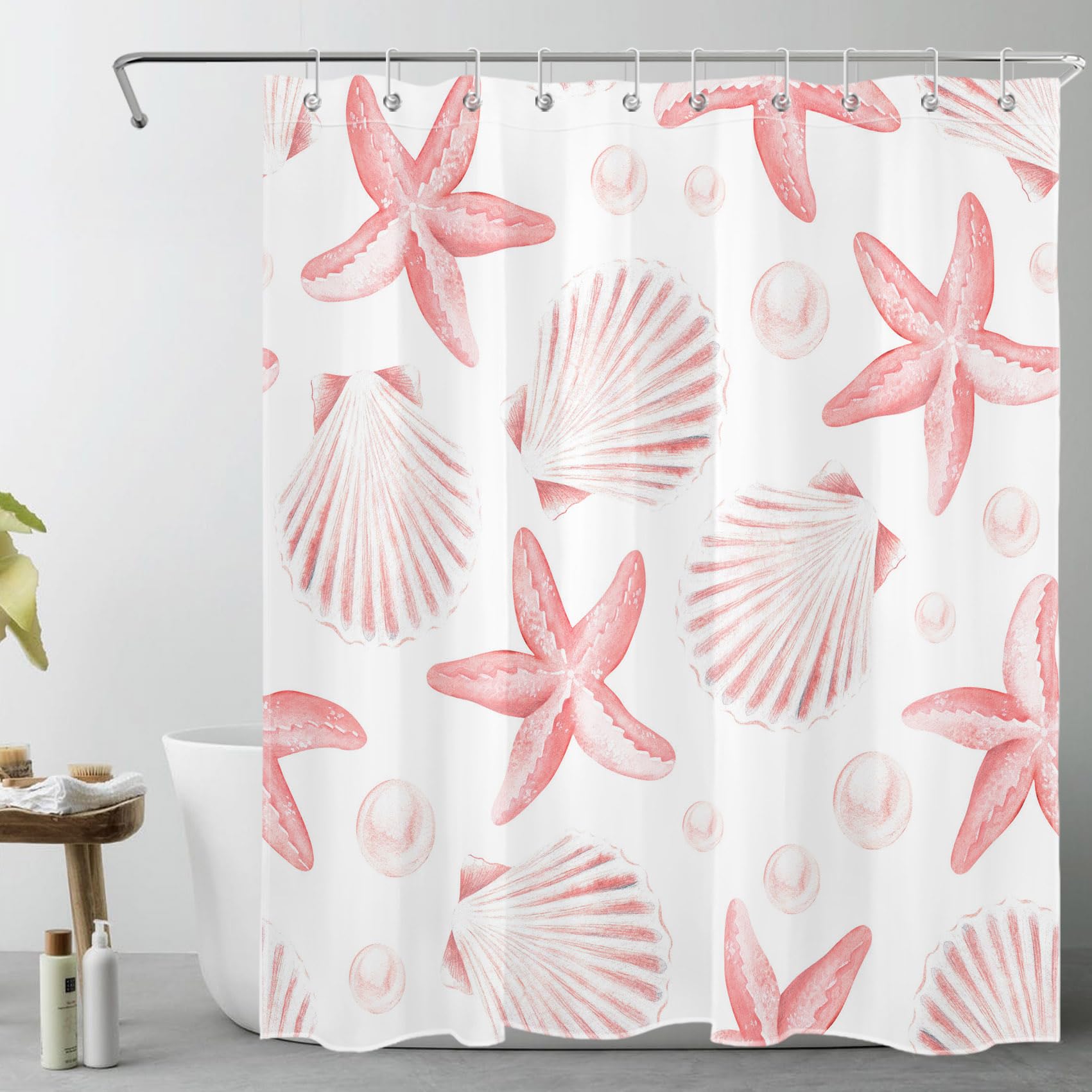 HVEST Pink Starfish Shower Curtain Light Pink Seashell with Starfish Theme Shower Curtain with Hooks Nautical Coastal Bath Curtain Polyester Fabric
