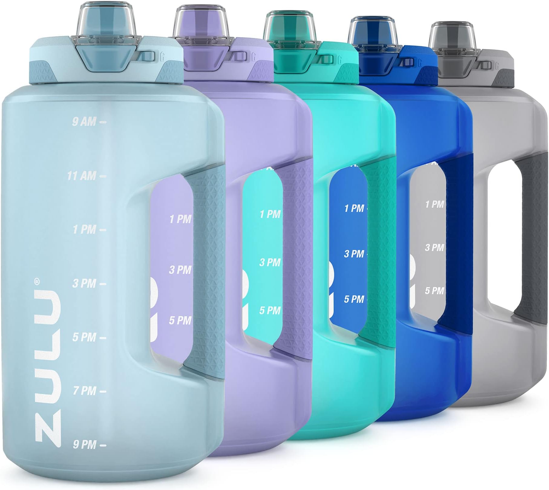 ZULU Goals Large Half Gallon Jug Water Bottle with Motivational Time Marker, Covered Straw Spout and Carrying Handle, 64 Oz