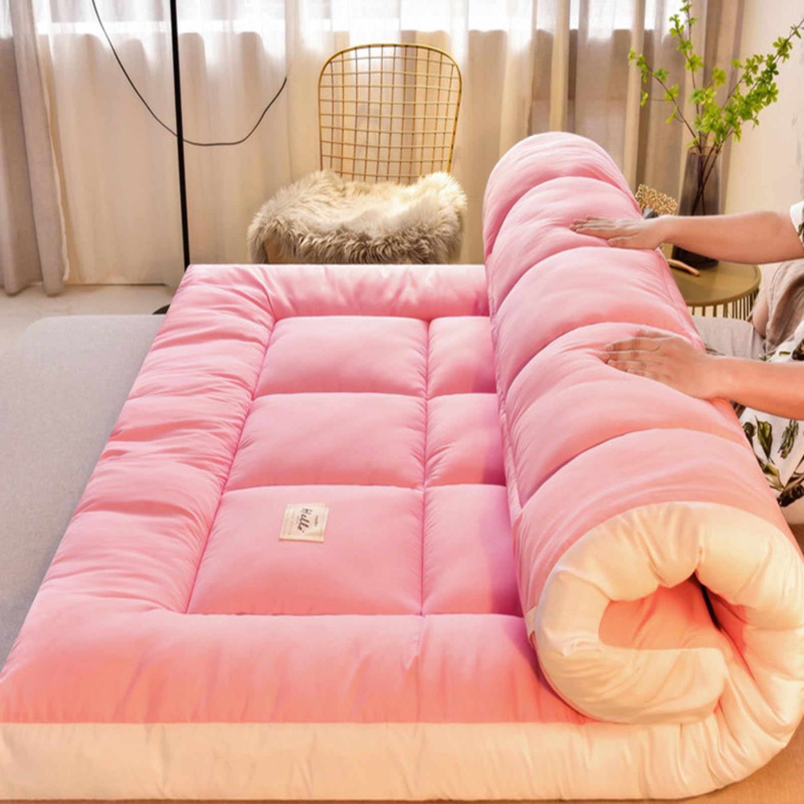 ZASEZOD Foldable Mattress, Futon Double Single, Japanese Roll Out Mattress, Floor Mattress, Futon Sofa Bed, Tatami Mat for Guests, Dormitories, Camping, Sofas, Loungers(Pink,90x200cm)