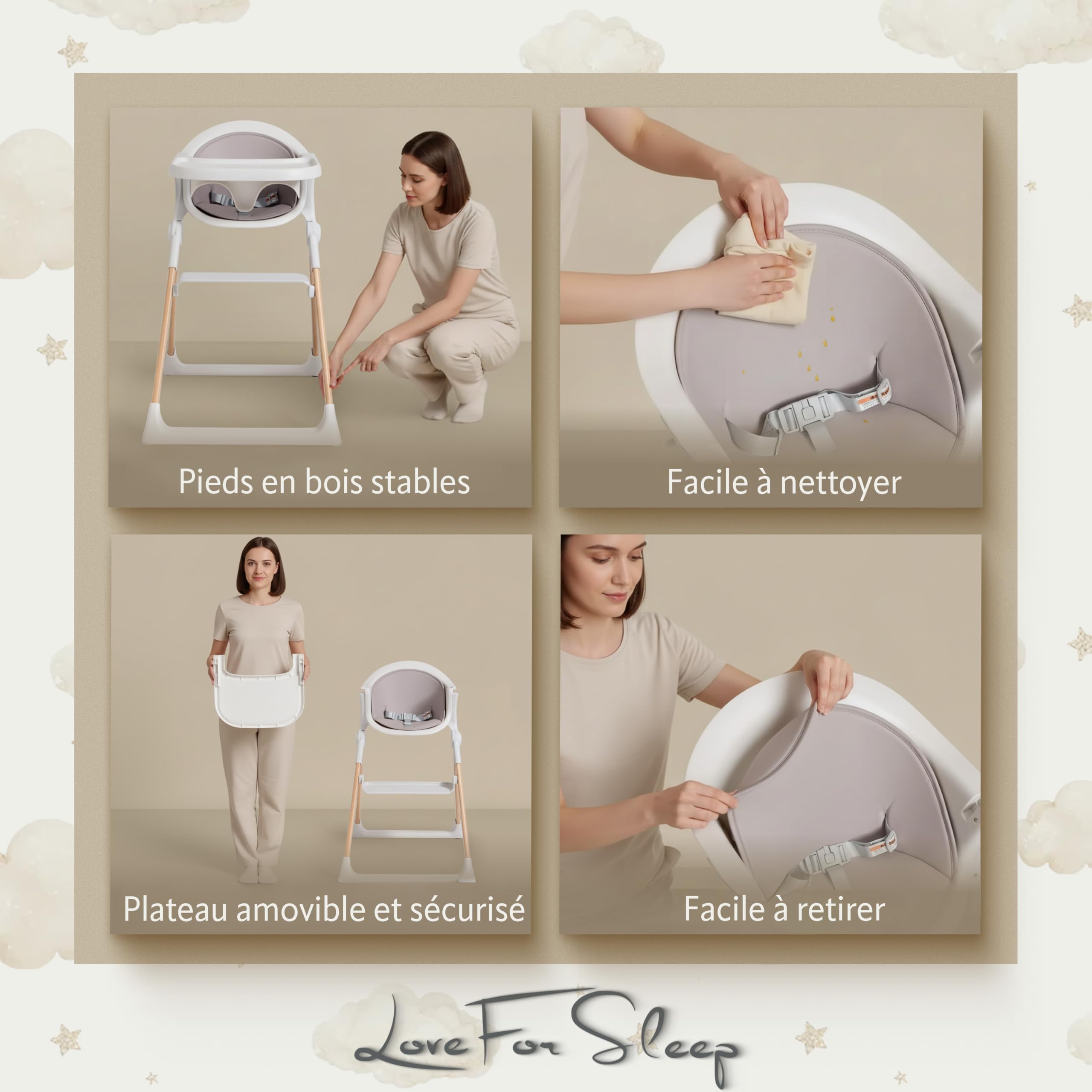 Chaise haute premium pour bébés et tout-petits (dès 6 mois) – Design pliable et réglable avec coussin vert sauge et harnais de sécurité