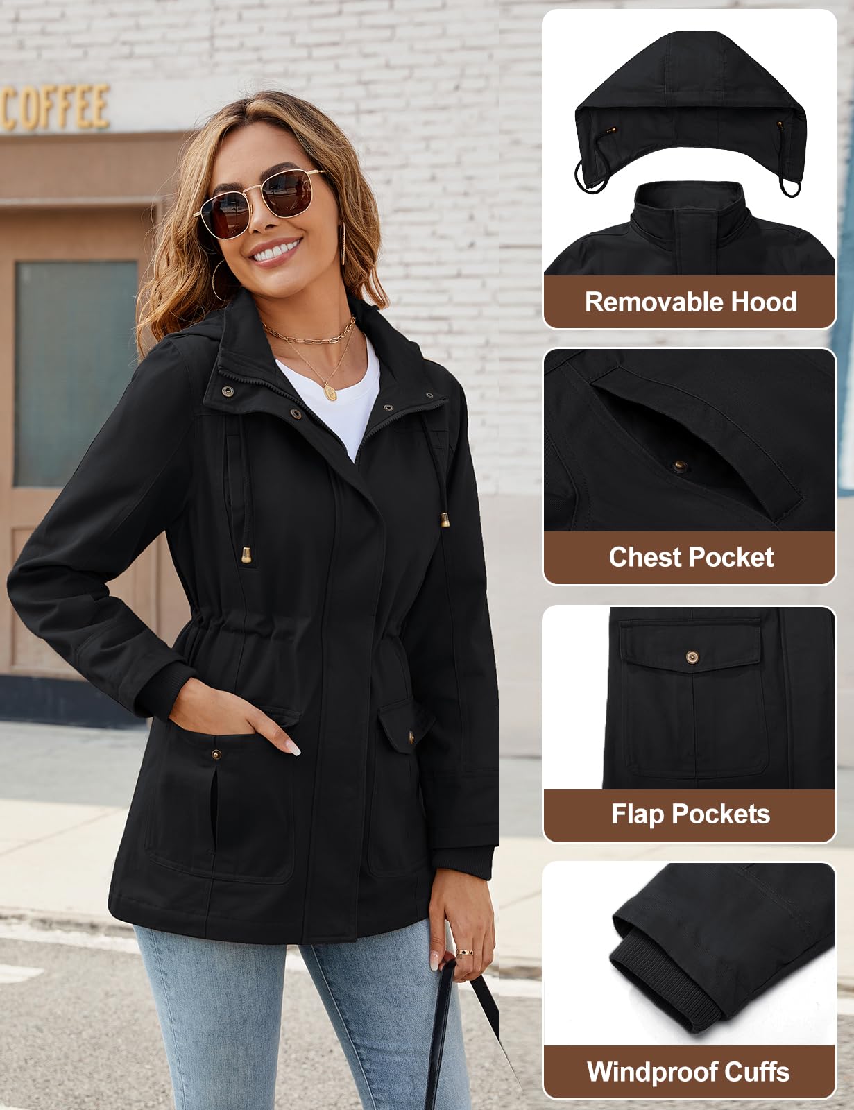 Vancavoo Übergangsjacke Damen Jacke Outdoor Kurzmantel Frühjahr Elegant Frühjahrsjacke Leichte Gefütterte Herbstjacke Baumwolle Damenjacke mit Kapuze mit Kordelzug