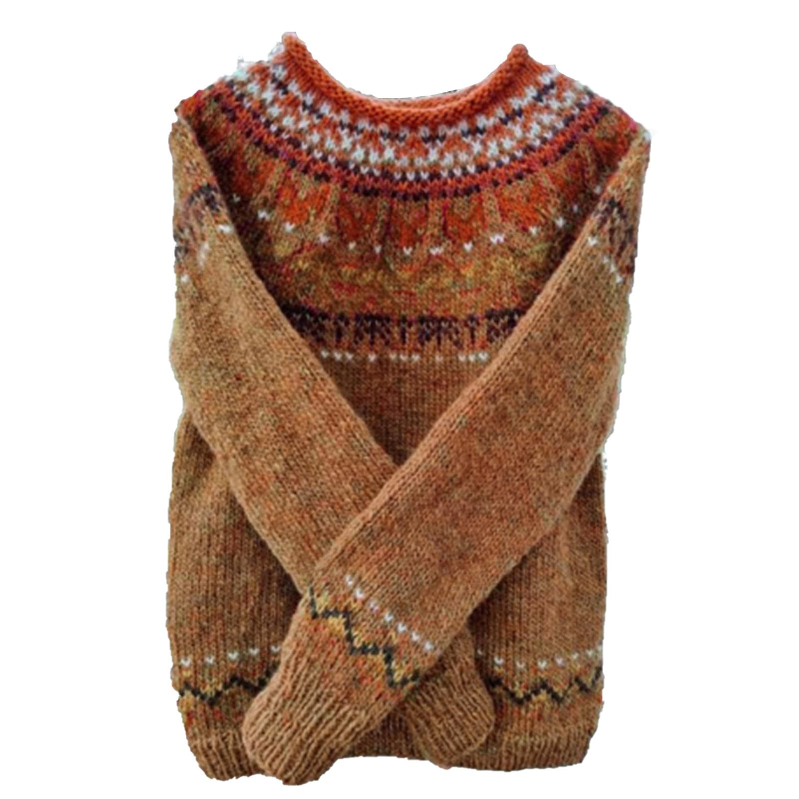 Womens Retro Ethnic Pattern Plus Size Sweaters Cozy Crewneck Long Sleeves Ladies Knitted Pullover Casual Sweater Tops