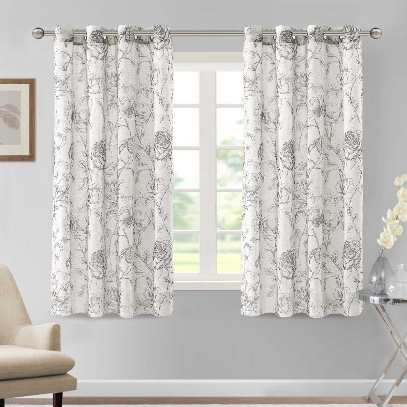 DEZYPZAM Floral Linen Semi Sheer Curtains, Light Filtering Privacy Window Curtains, Semi Sheer Window Curtain Drapes for Living Room/Bedroom (Gray,52 x 63 inch)