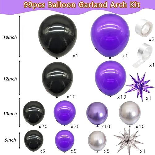 Miniatura 2 de Kit de arco de guirnalda de globos morados y negros, kit de arco de globos negros y morados plateados con 2 globos de látex de estrella de aluminio