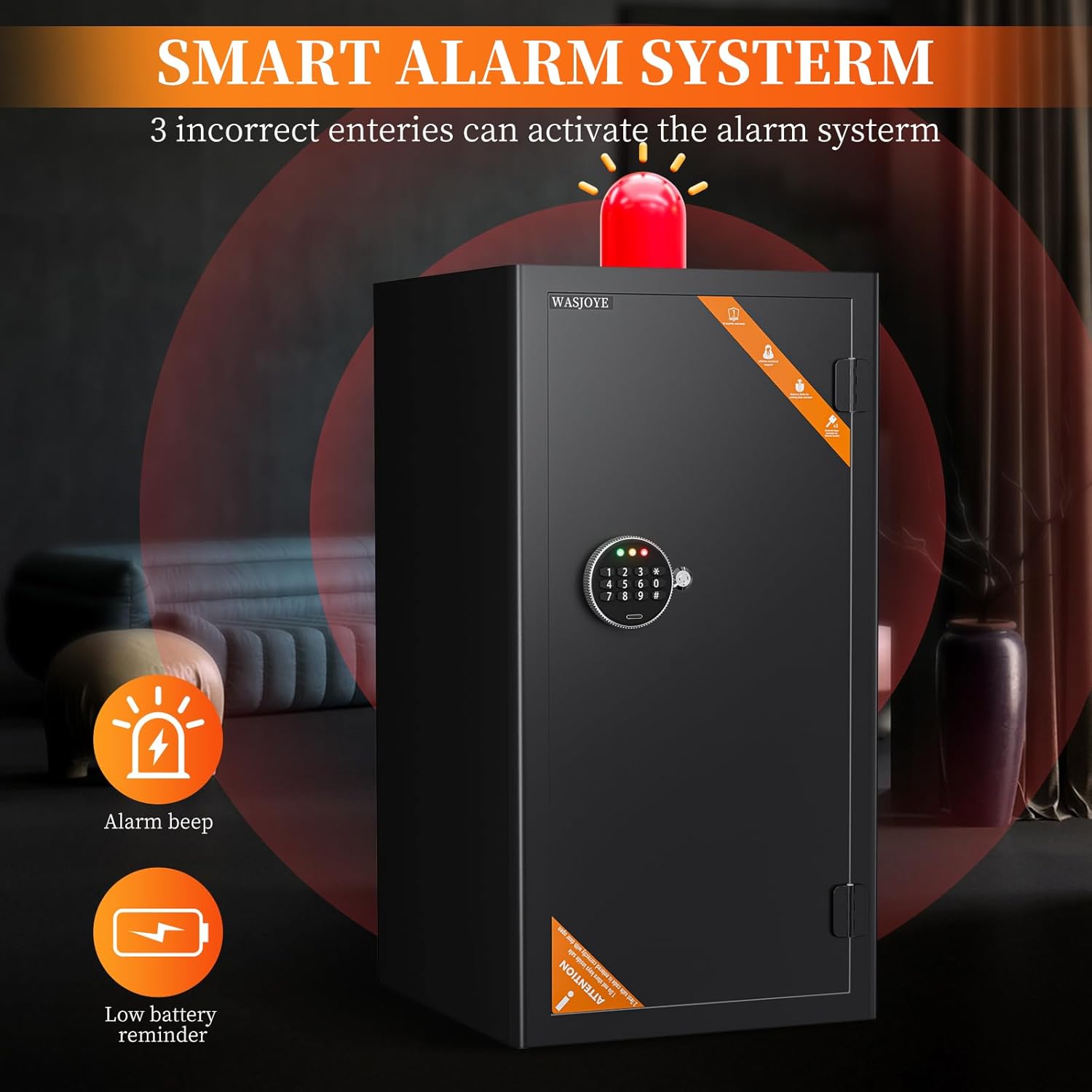 Illustration of the WASJOYE safe's smart alarm system with alarm beep and low battery reminder