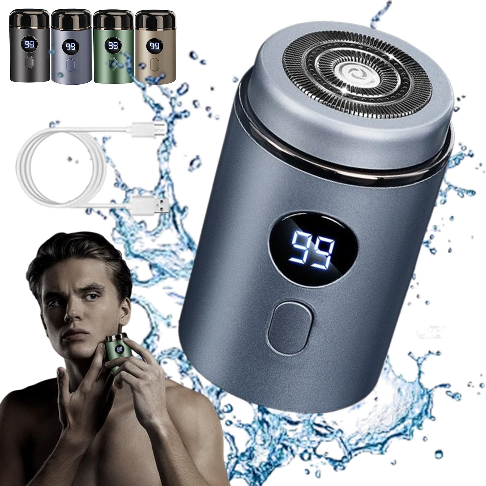 Mini Portable Electric Shaver for Men, Electric Razor, 3D Micro Float Shaver, Mini Electric Shaver with Digital Display, Ipx7 Waterproof (Blue)