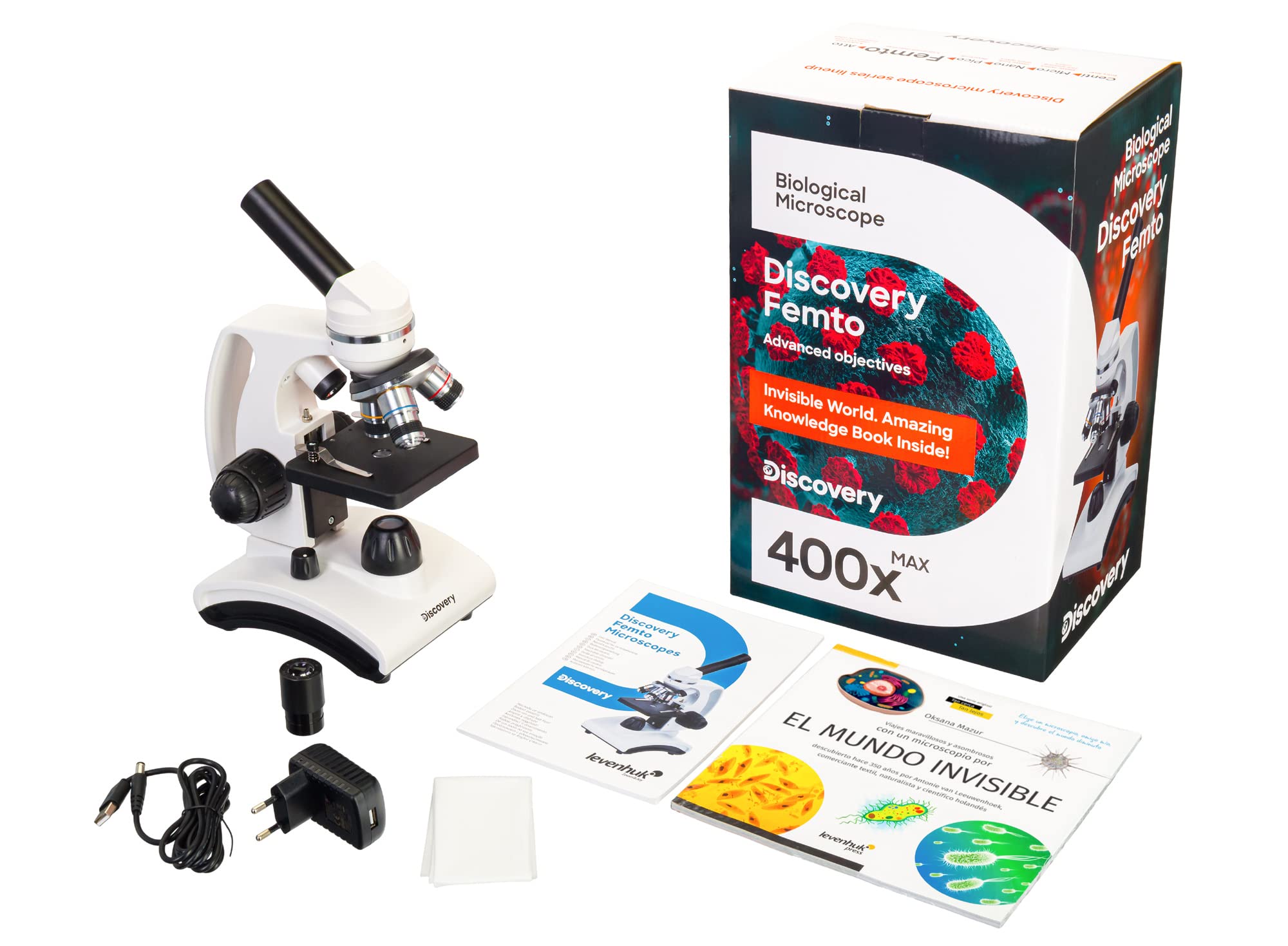 Przenośny Metalowy Mikroskop Edukacyjny dla Początkujących i Dzieci Discovery Femto Polar z Kolorową Książką w Języku Hiszpanskim