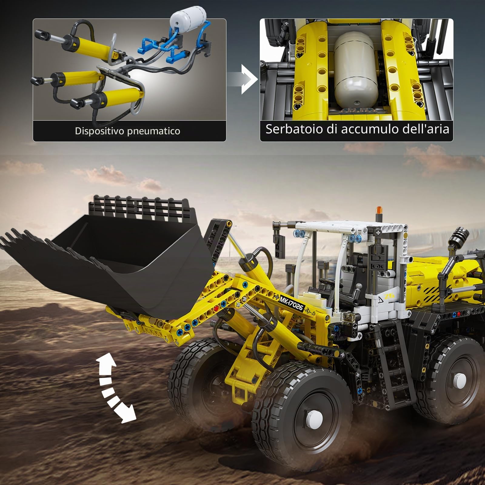 Mould King 17026 Bulldozer pneumatico tecnico L550 Modello Building Blocks, telecomandato con motori, mattoni da costruzione motorizzati per caricatori idrostatici, giocattoli di ingegneria STEM per