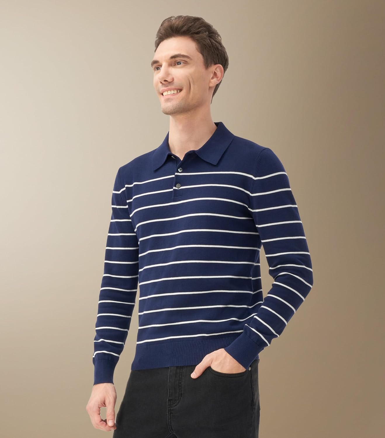 Men's Knit Polo Sweater Classic Dress Pullover Striped Golf Fall Winter Sweatshirts - Image 2