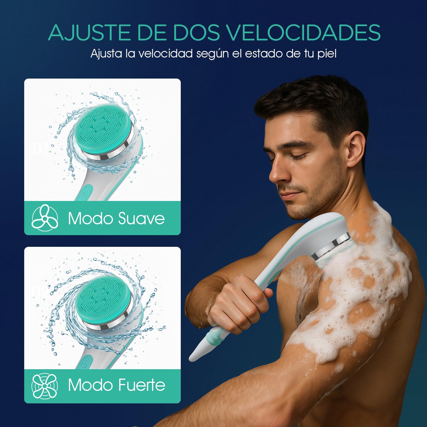 VOYOR Cepillo Espalda Ducha Cepillo Corporal 4 en 1 Electrico Recargable Cepillo Baño Espalda con Mango Largo para Exfoliante, Limpieza De La Piel, Masaje BC100 (Azul)