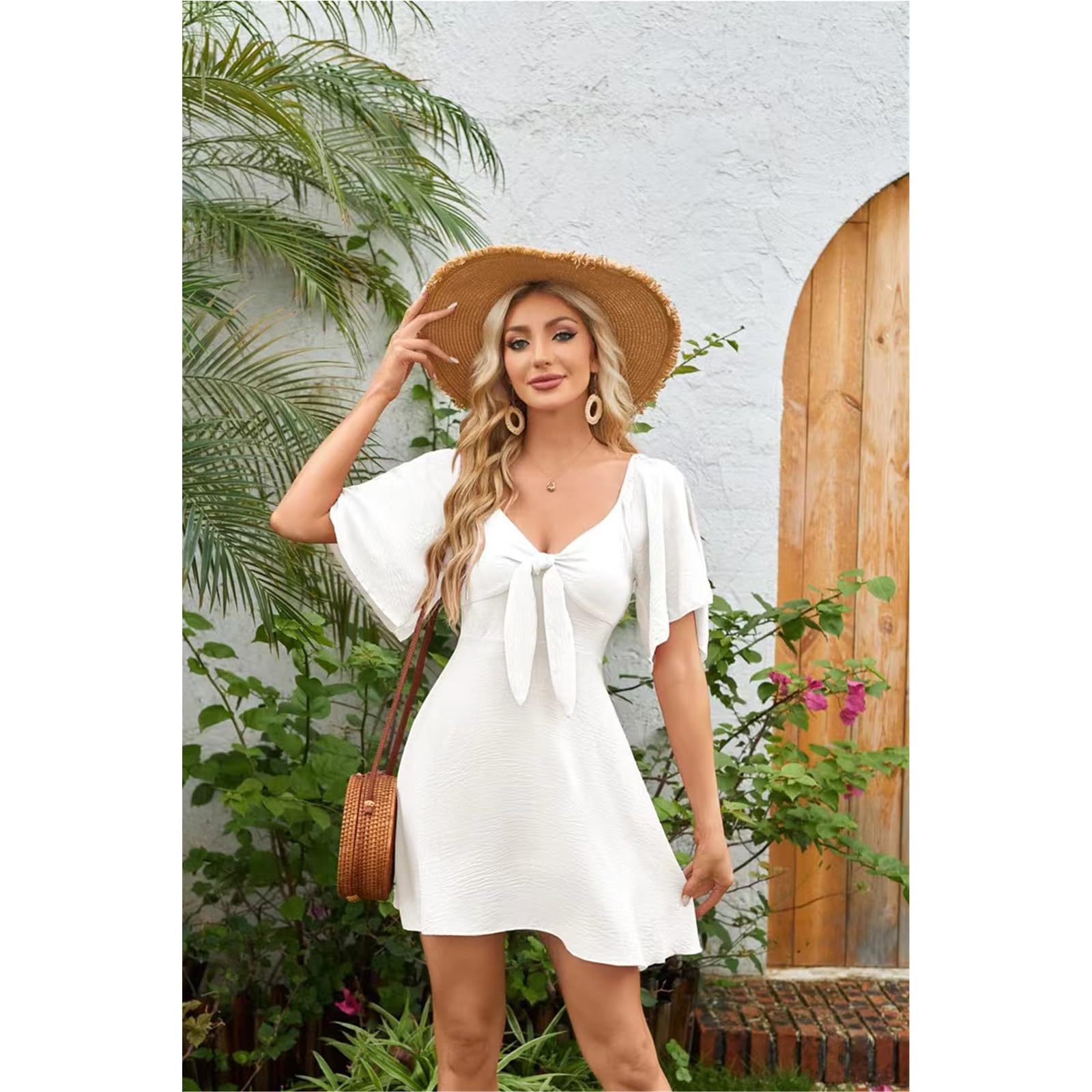 Vestido de Verano Vestido de Mujer Vestido Casual de Manga Corta Vestido de Cuello V Corbata Flores Frente Al Vestido de Verano, HUTALIM, e, s