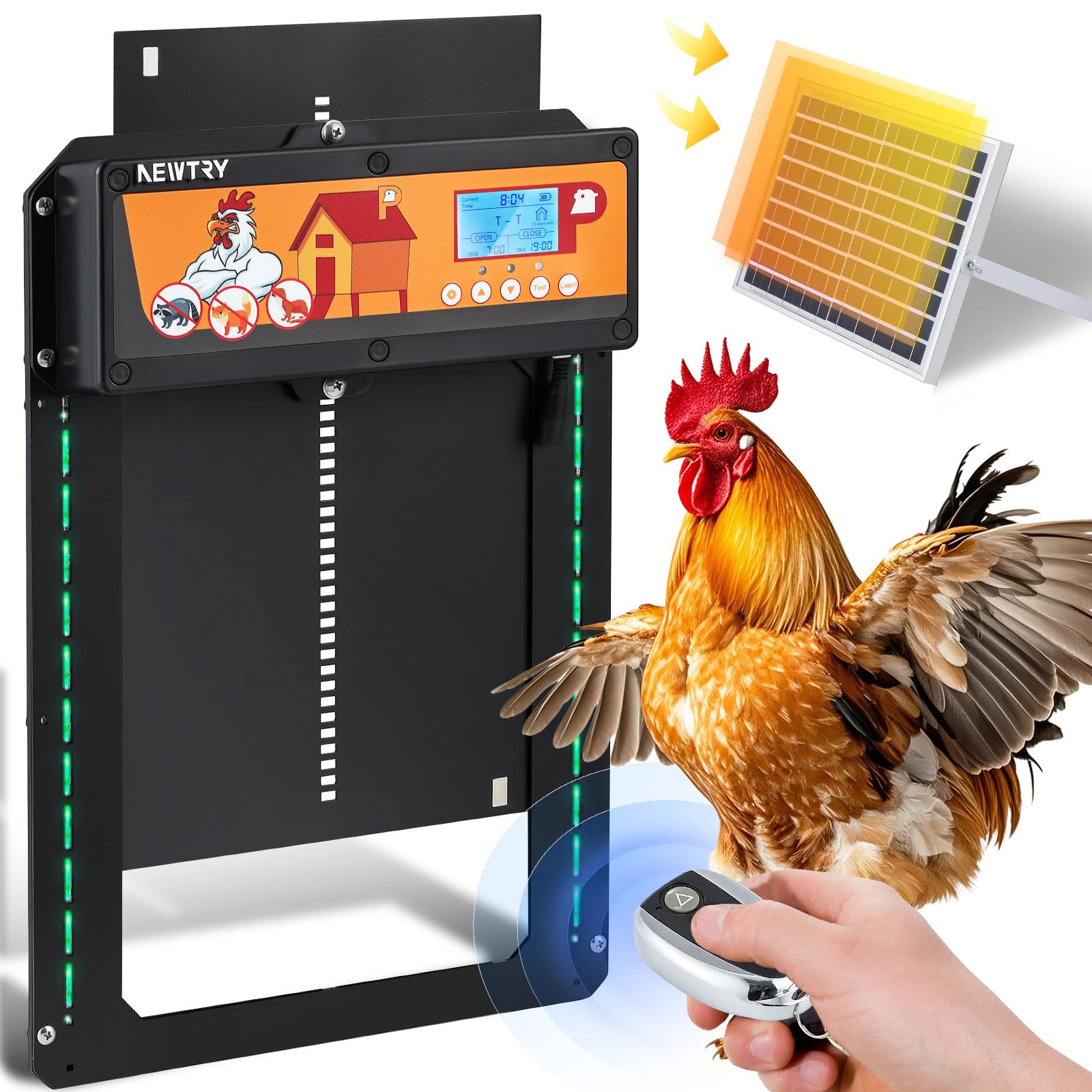 NEWTRY Porte automatique pour poulailler avec panneau solaire 10w et câble étendu, minuterie et capteur de lumière programmables, anti-pincement, indicateur de bande lumineuse plus télécommande 40m