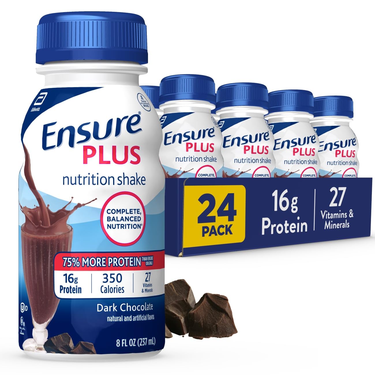 EnsurePlus Nutrition Shake, 24 Count, With 16 Grams of Protein, Meal Replacement Shakes, 8 Fl Oz (Pack of 24), Rich Dark Chocolate, 192 Fl Oz