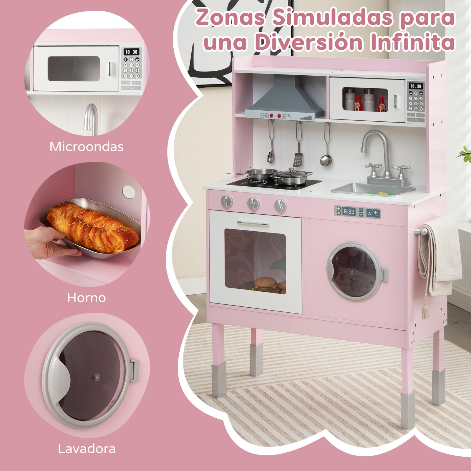 RELAX4LIFE Cocina Juguete con 5 Accesorios y Altura Ajustable 95/99/101cm, Cocinita Infantil con Luces y Sonidos Reales, Espacio de Almacenaje, Cocinita de Madera para Niños 3-8 Años (Rosa-Mini)