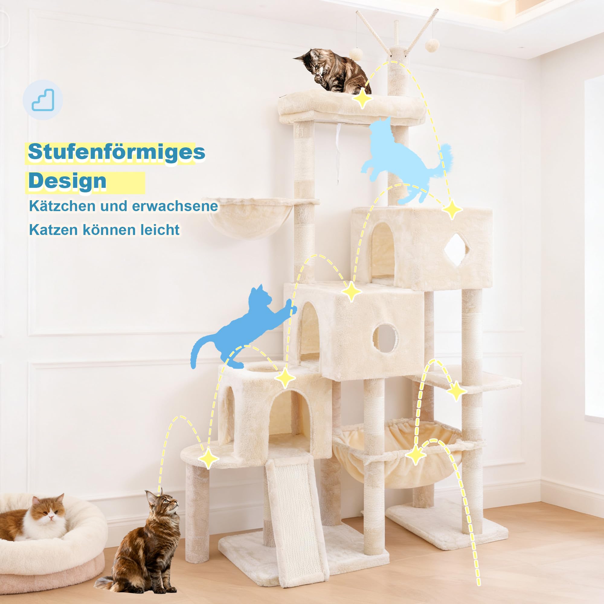 Hey-brother Kratzbaum, Stufiger Katzenbaum für Großkatze, mit 3 Katzenbetten, großer Hängematte, liegefläche und Sisalkratzbrett – großes internes Katzenmöbel, 160 cm hoch, Beige EMPJ081M