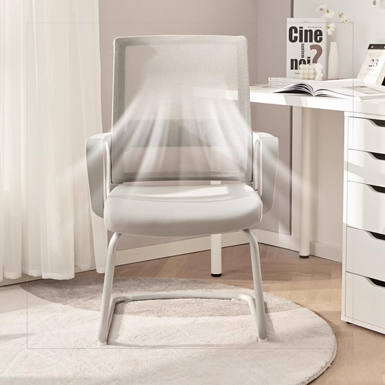 Silla Escritorio sin Ruedas, Silla Oficina de Malla con Respaldo Medio con Cómodos Reposabrazos, Adecuada para Cocina, Sala de Espera, Sala Multiusos, Salón, Capacitación(Black)