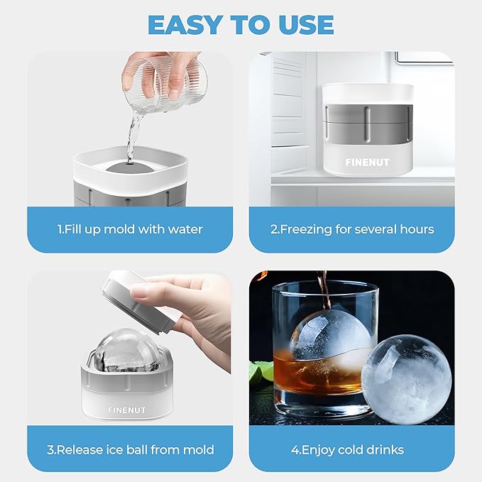 Silicone Ice Ball Mold with Lid, 4 Pack – 2.5 Inch Large Sphere Round Ice Maker, Easy Release BPA-Free Silicone Trays for Whiskey & Cocktails, Home Bars & Freezer