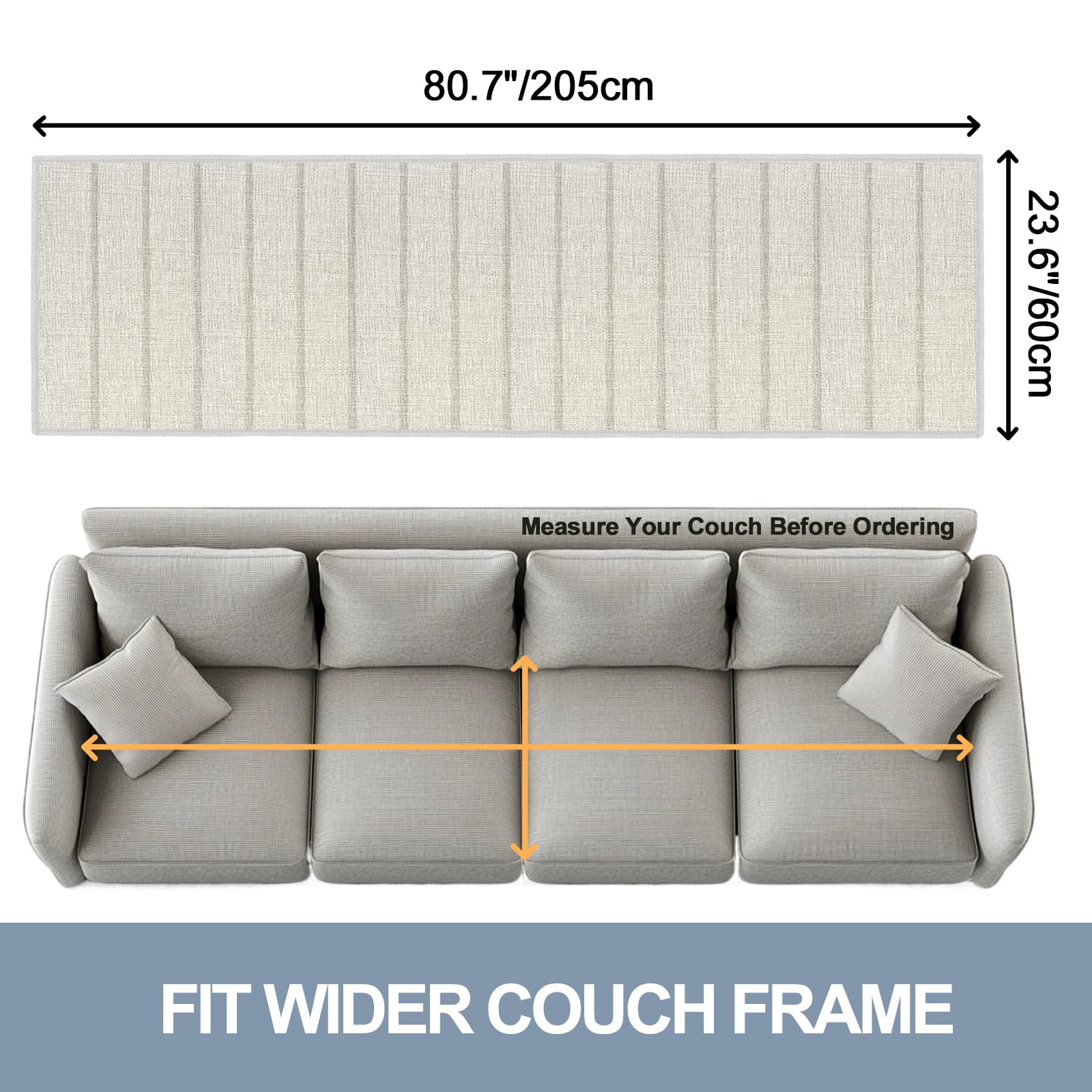 Soporte de cojín de sofá para asiento caído – (60 x 205 cm) de madera para sofá extra grande de 3 plazas, tableros rejuvenecedores de sofá grandes con superficie Oxford (beige)