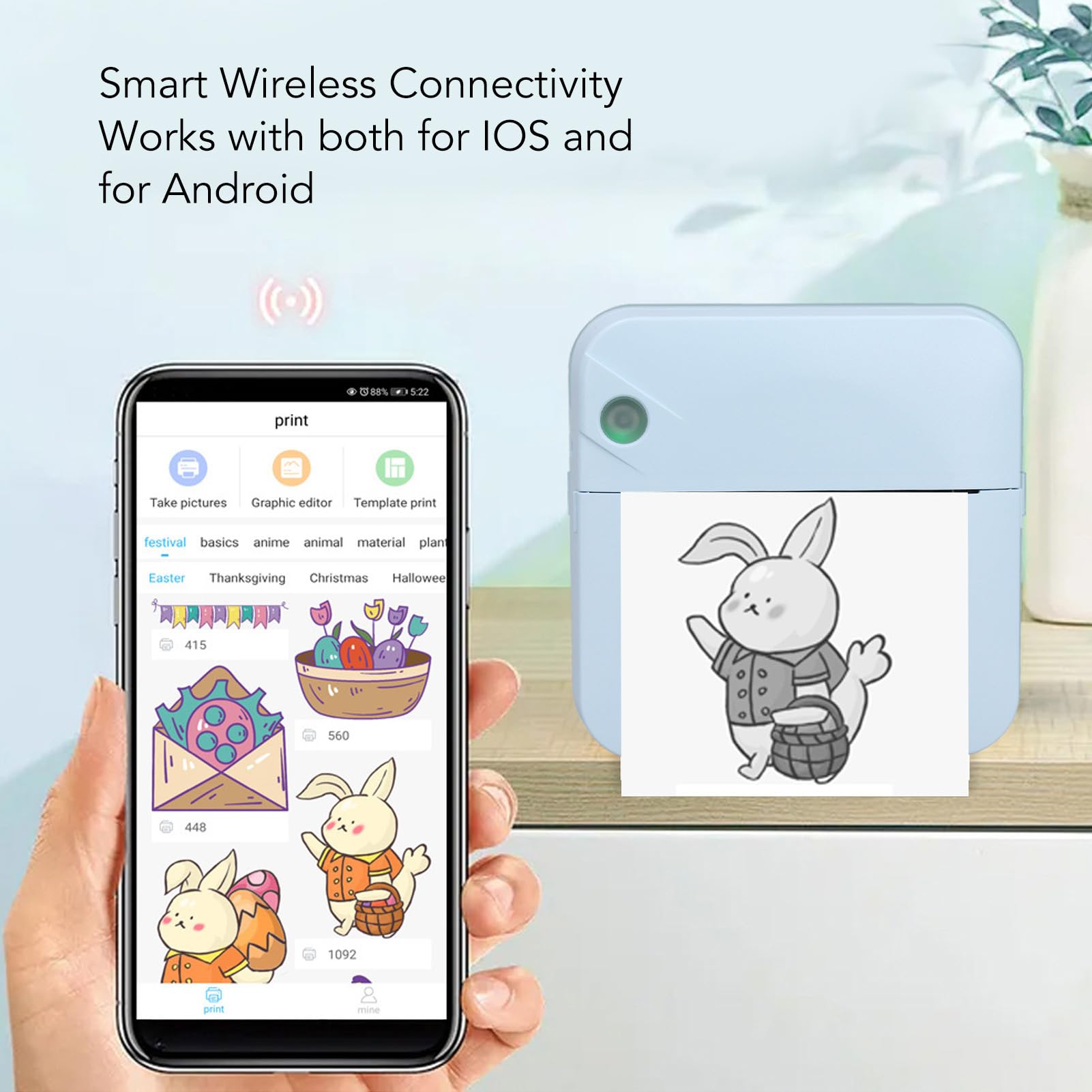 ANGGREK Pocket Printer, Portable 200dpi Thermal Printer HD Print with 1 Roll Paper for Student for Journal (Blue)