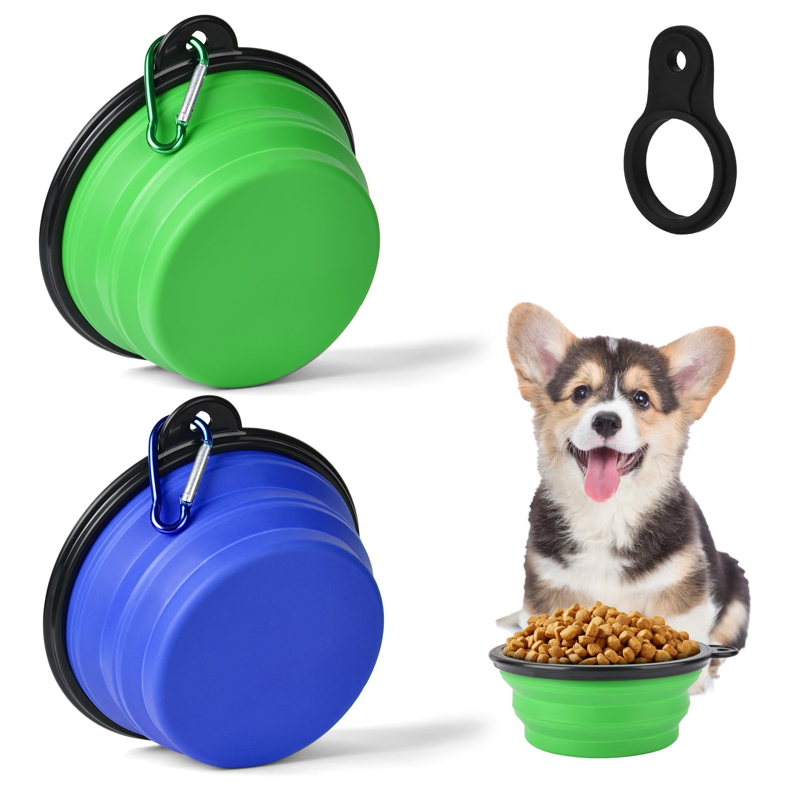 Adiwo 2 Pieces Collapsible Dog Bowl,Portable Pet Food Water Bowl with Carabiner,Pet Feeder for Cats, Dogs and Pets,for Traveling or Hiking (Green and Blue)