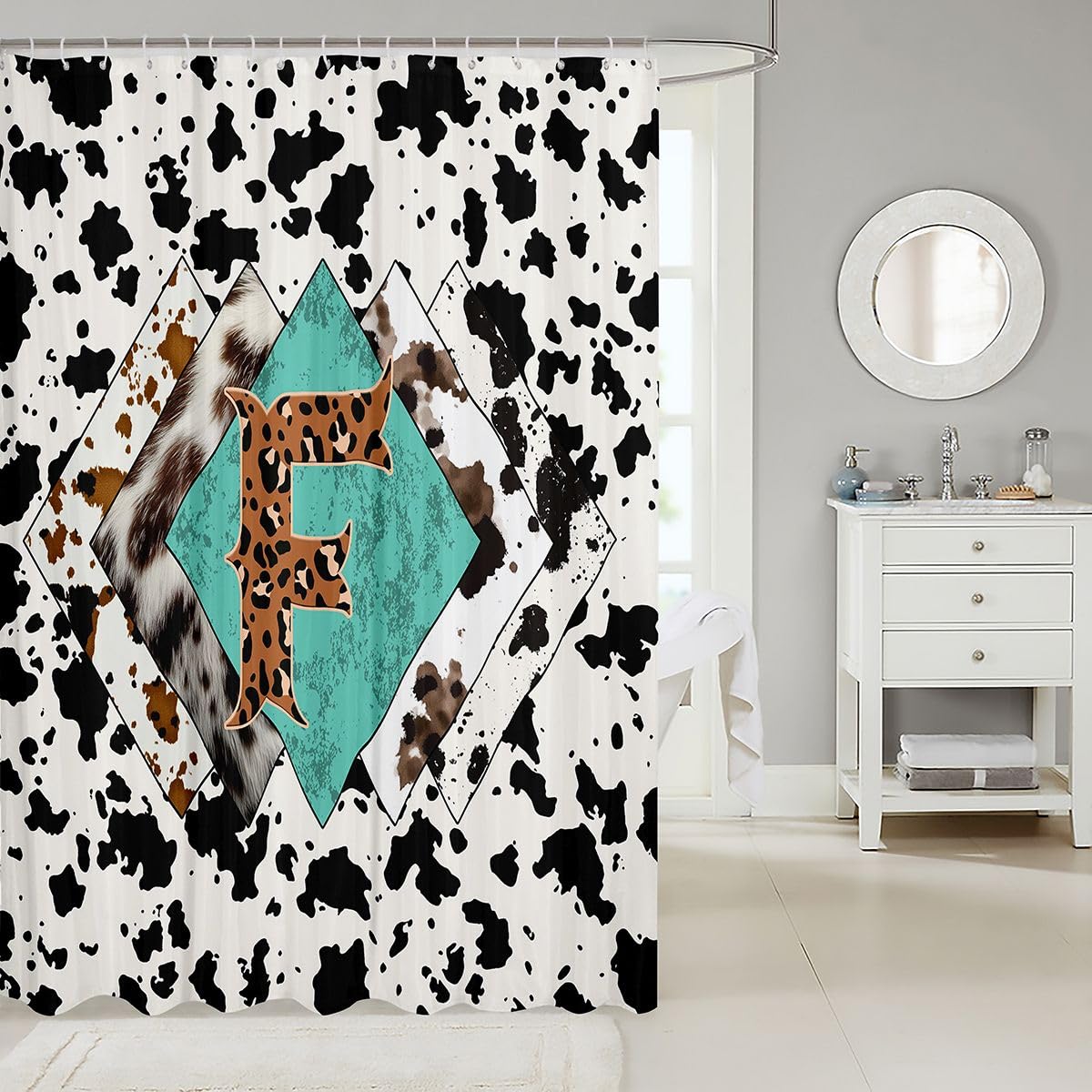 Rideau de douche lettre F taille L léopard monogramme alphabet imprimé cuir de vache rideau de bain pour adultes style rustique rustique rideaux de bain imperméables avec 12 crochets pour baignoire