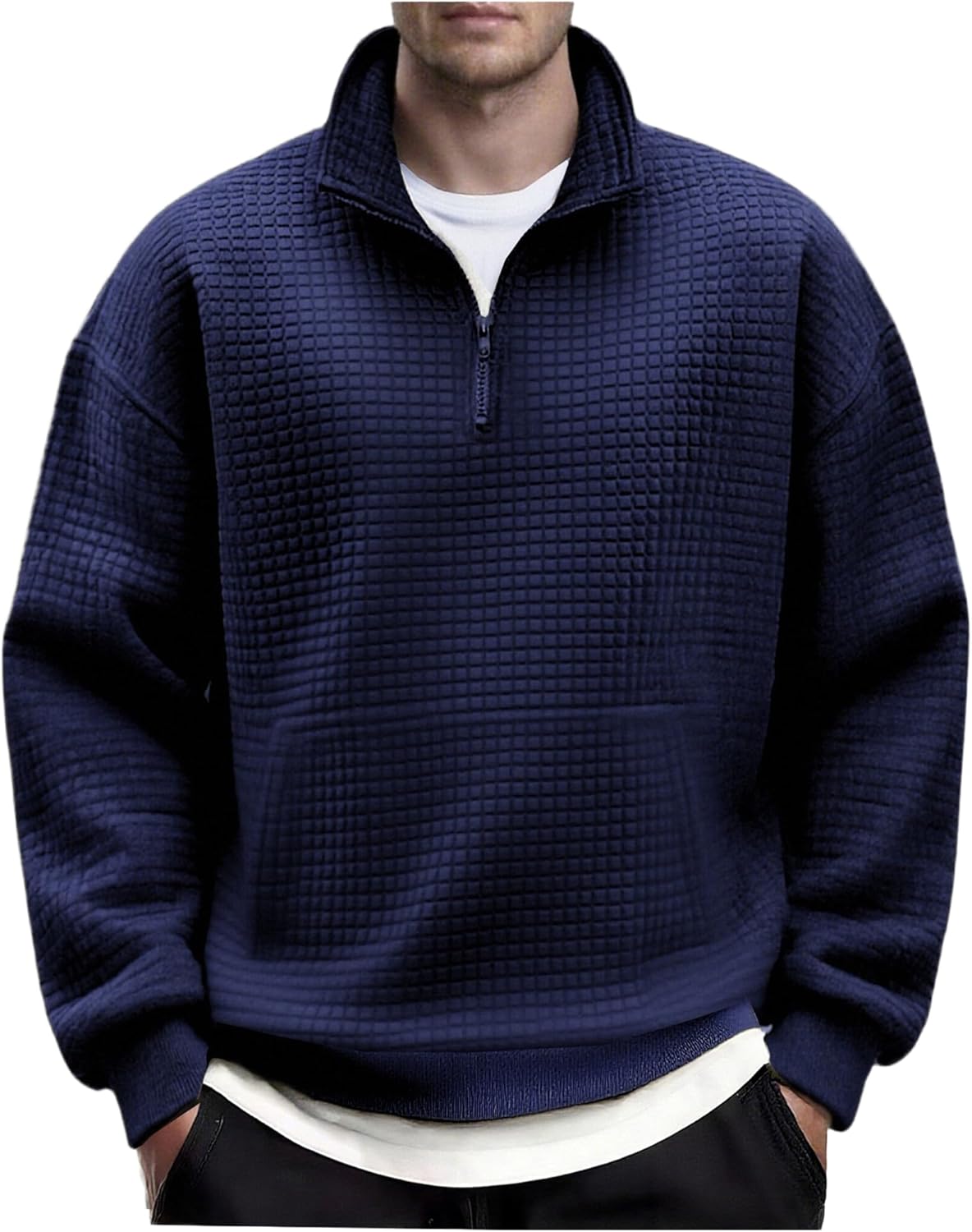 COOFANDY Mens Quarter Zip Pullover Long Sleeve Waffle Quilted Sweatshirt Casual Polo Sweaters with Pocket