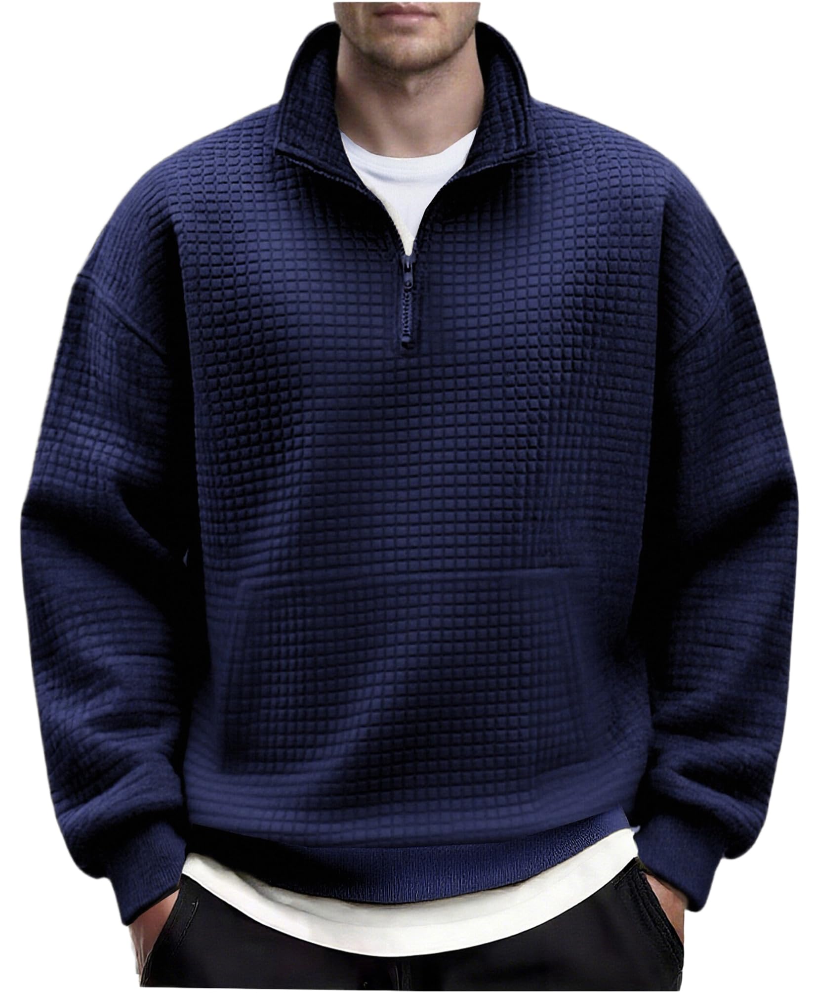 coofandy Mens Quarter Zip Pullover Long Sleeve Waffle Quilted Sweatshirt Casual Polo Sweaters with Pocket-picture-44