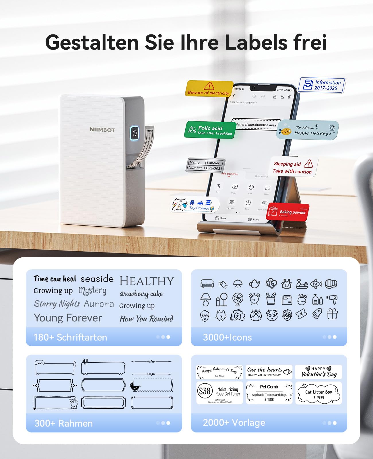 NIIMBOT N1 Etikettendrucker, B18 Upgrade Selbstklebendes Etikettiergerät Beschriftungsgerät, Tragbarer Thermotransfer Label Printer Farbdruck Etiketten nterstützt das Drucken von Geschenkbändern