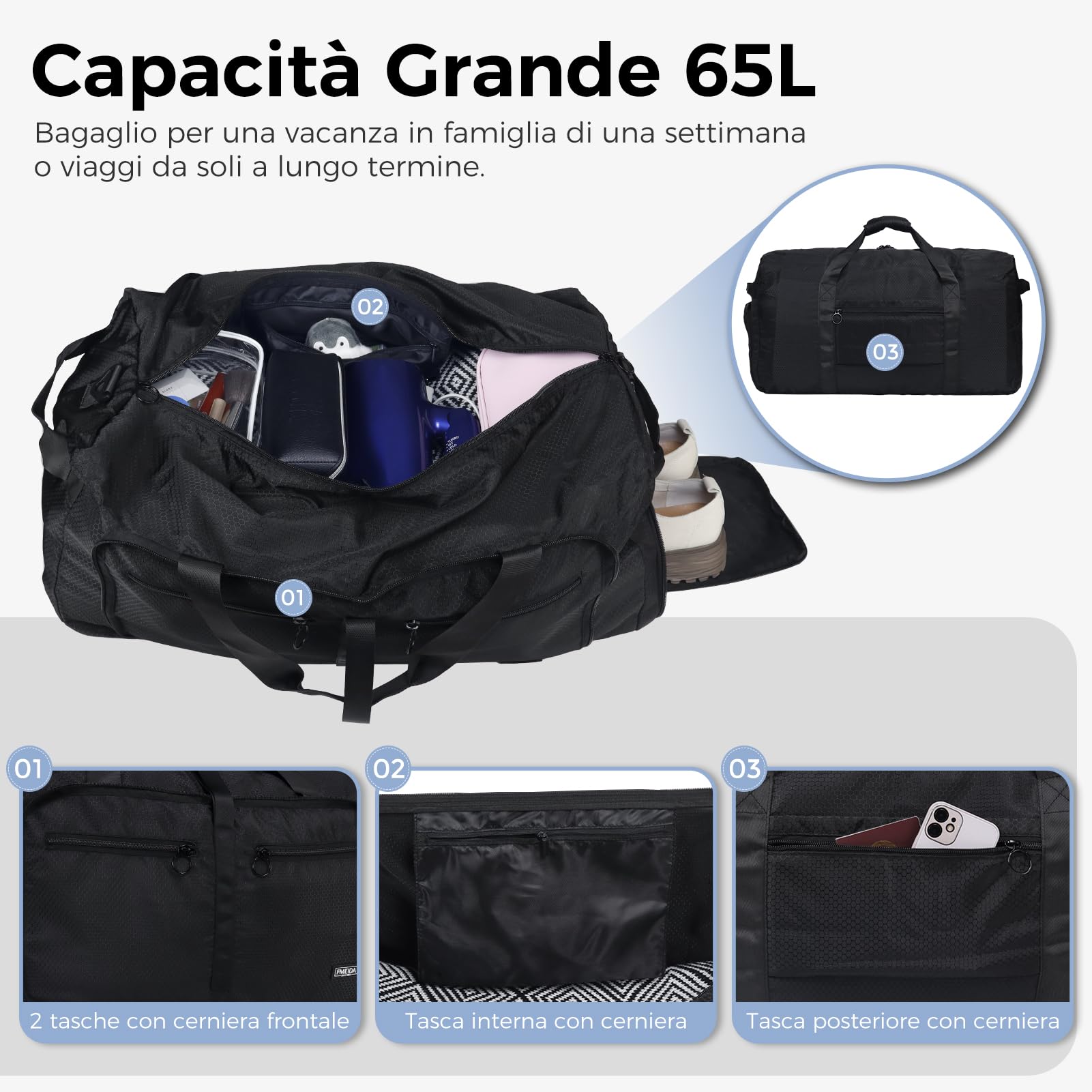 Fmeida 65L Borsone da Viaggio Unisex Adulto, Grande Borsone Palestra con Scomparto per Scarpe e Tracolla, Impermeabile Duffel Bag Borsa Sportivo, Nero