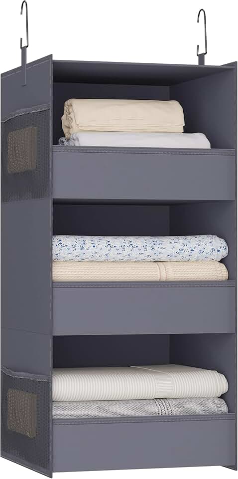 3-Shelf Hanging Closet Organizer and Storage, Foldable Hanging Closet Shelves Front Lip Design Washable Hanging Storage, Dark Gray