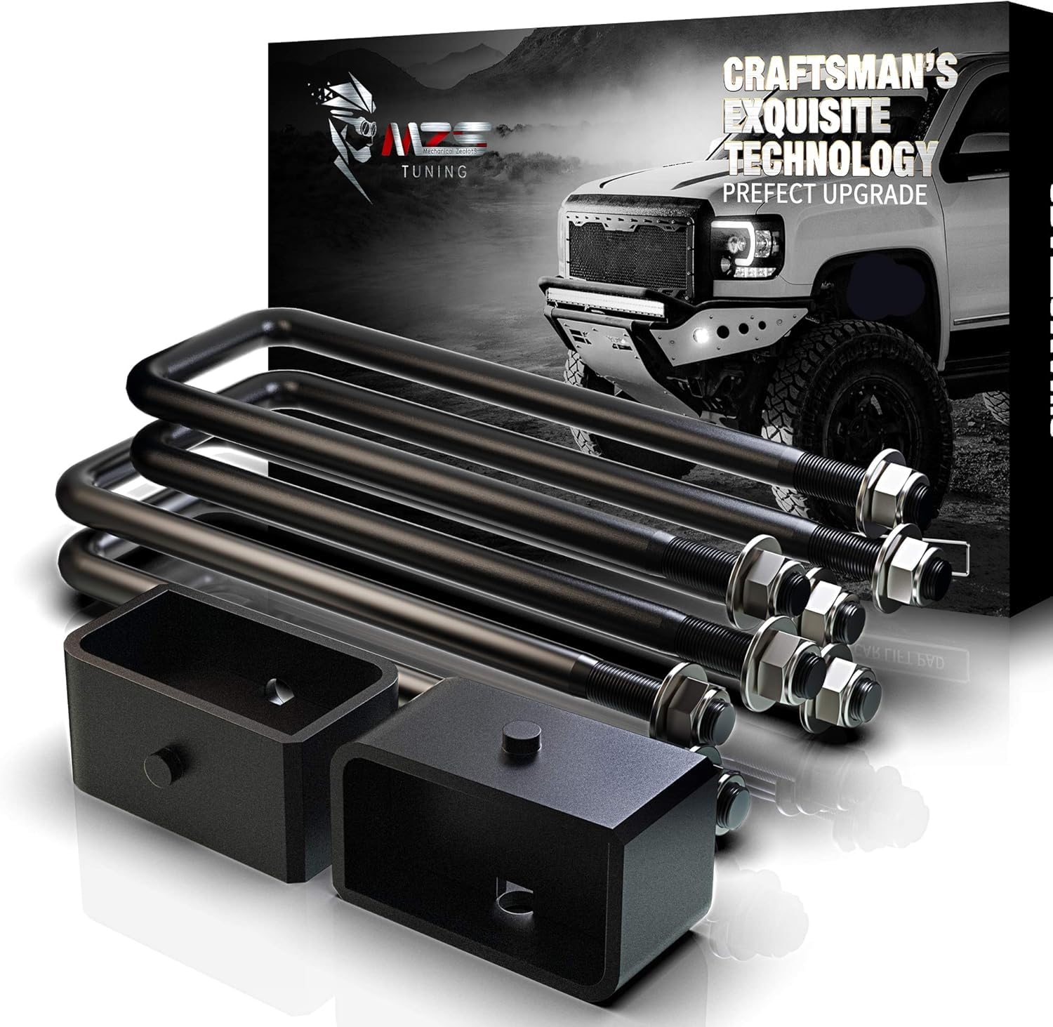 MZS Leveling Kit, 2 Inch Rear Lift Blocks Rear Lift Kit with Extended Square U Bolts Compatible with 2007-2025 Silverado 1500 / Sierra 1500 2WD 4WD
