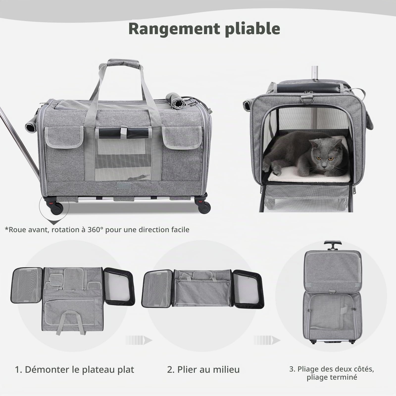 PETCUTE Sac de Transport pour Chien/Chat à roulettes,Pliable Sac de Transport Chats avec Poignée Télescopique,Caisse de Transport Chat en Maille Respirant avec Tapis Amovible,Airline Approuvé