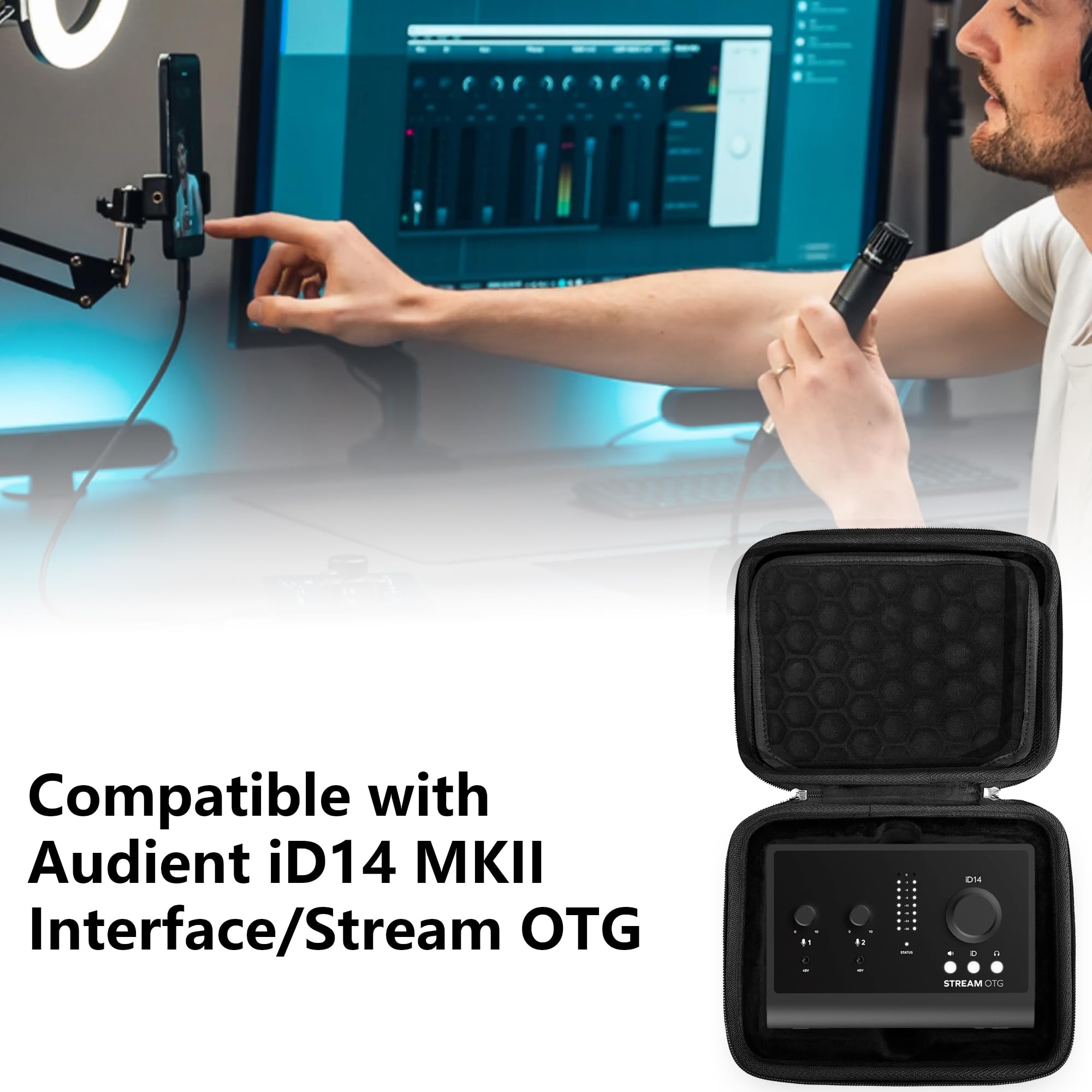 Musiin Tragetasche für Audio-Interfaces, kompatibel mit Audient iD14 MKII Interface/Stream OTG, weiches Innenfutter mit Rillenpassung, Netztasche für Kabel und Zubehör, ideal für Studioaufnahmen