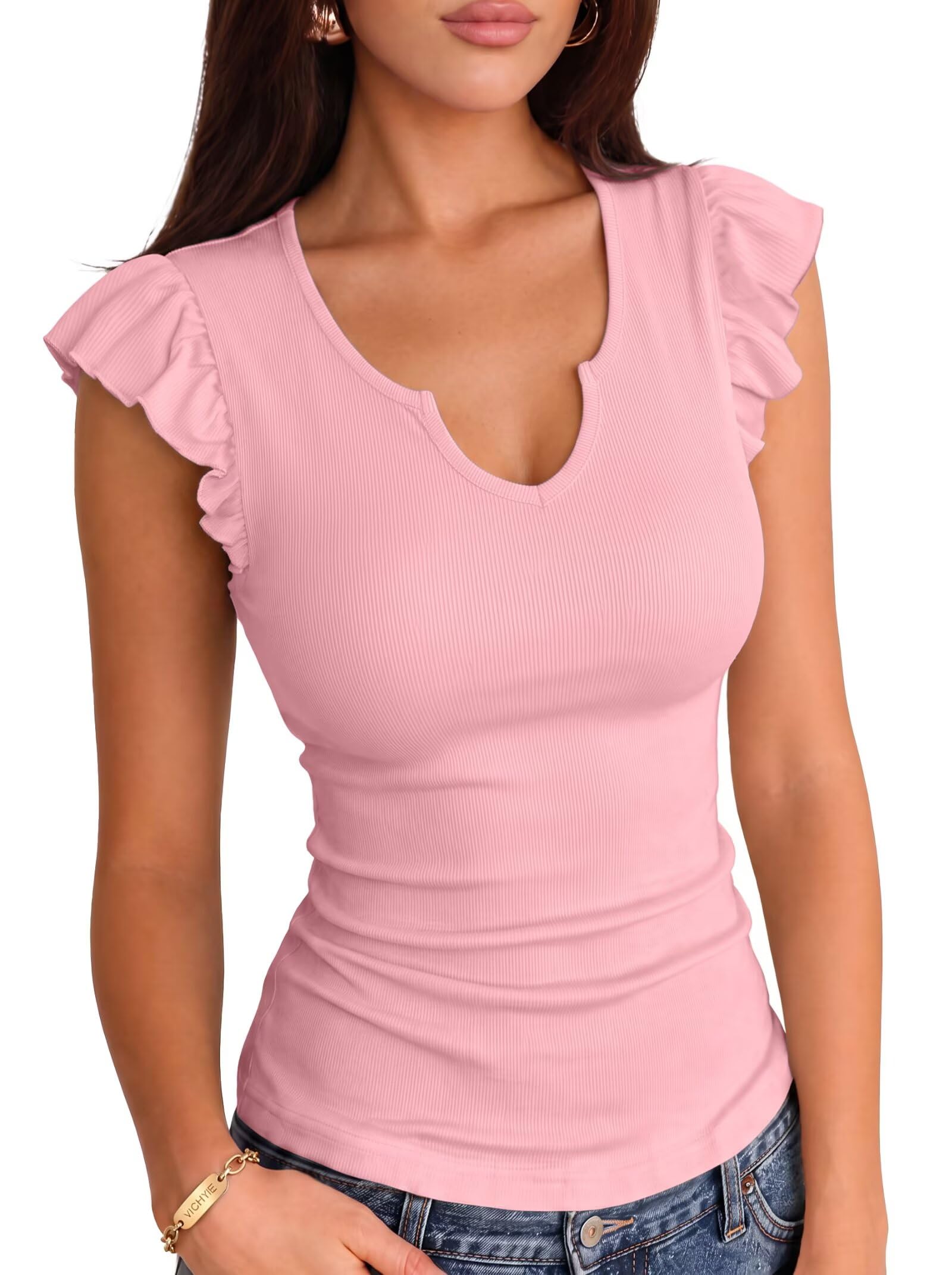VICHYIE Summer Women Ruffle Cap Sleeve Pretty Fitted Shirt