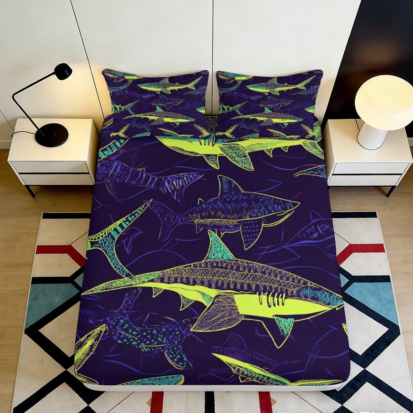 3D Printed Shark Design Fitted Sheet Microfiber Deep Pocket Bedroom Bedding Set Shark Mattress Fitted Cover for Adults Teens 180x200x25cm