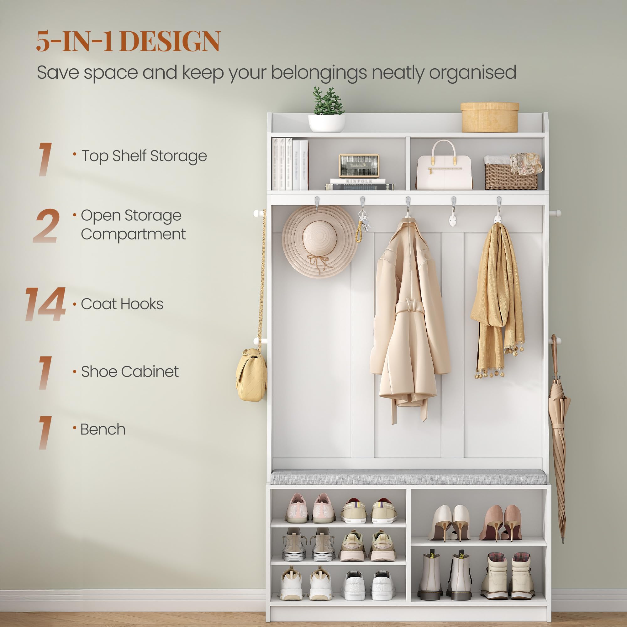 HEXCELEN Garderobenständer mit Schuhbank, Garderobe mit 14 Haken und 7 Offenen Fächer, Verstellbare Regalbretter, für Flure, Eingangsbereiche, Wohnzimmer, 30 x 100 x 183,4 cm, Weiß