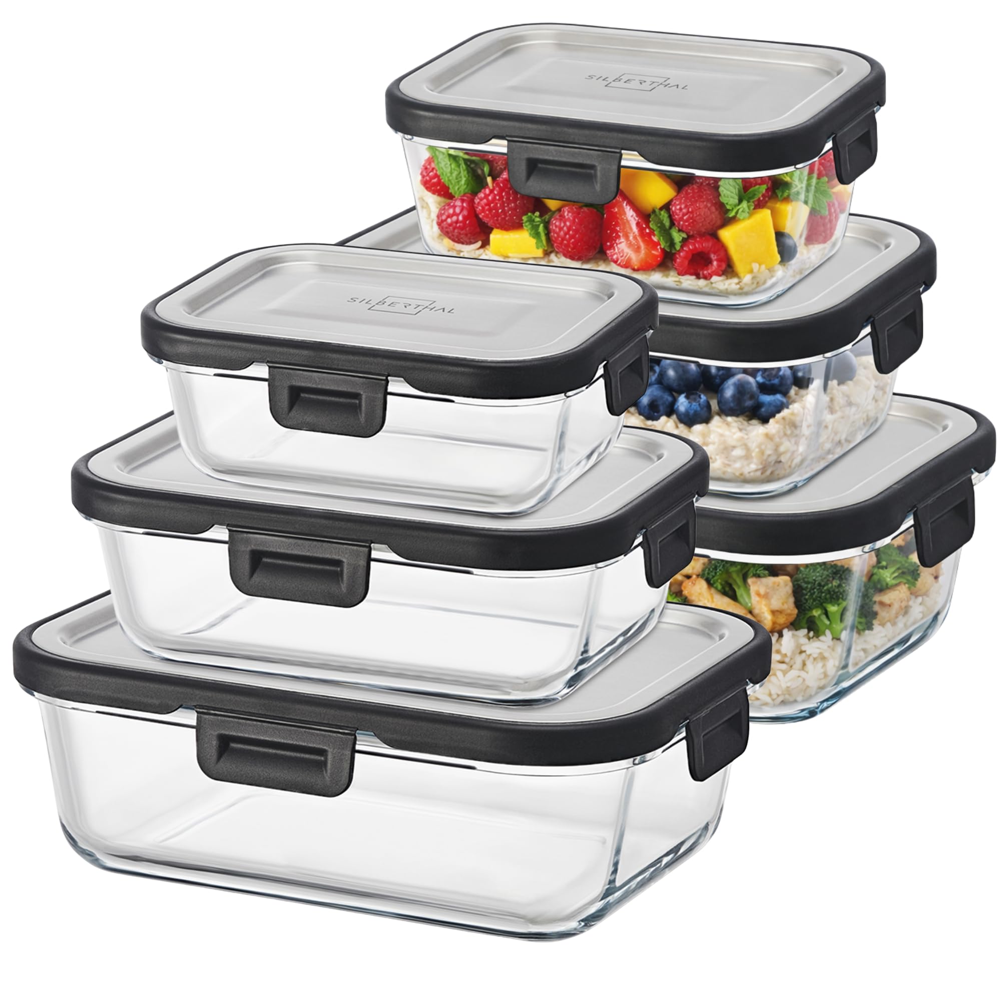 SILBERTHAL Frischhaltedosen Glas 6er Set mit Edelstahl Deckel - Luftdicht für Meal Prep - Lunch Box für unterwegs, Office, Camping - Spülmaschinen & Backofenfest